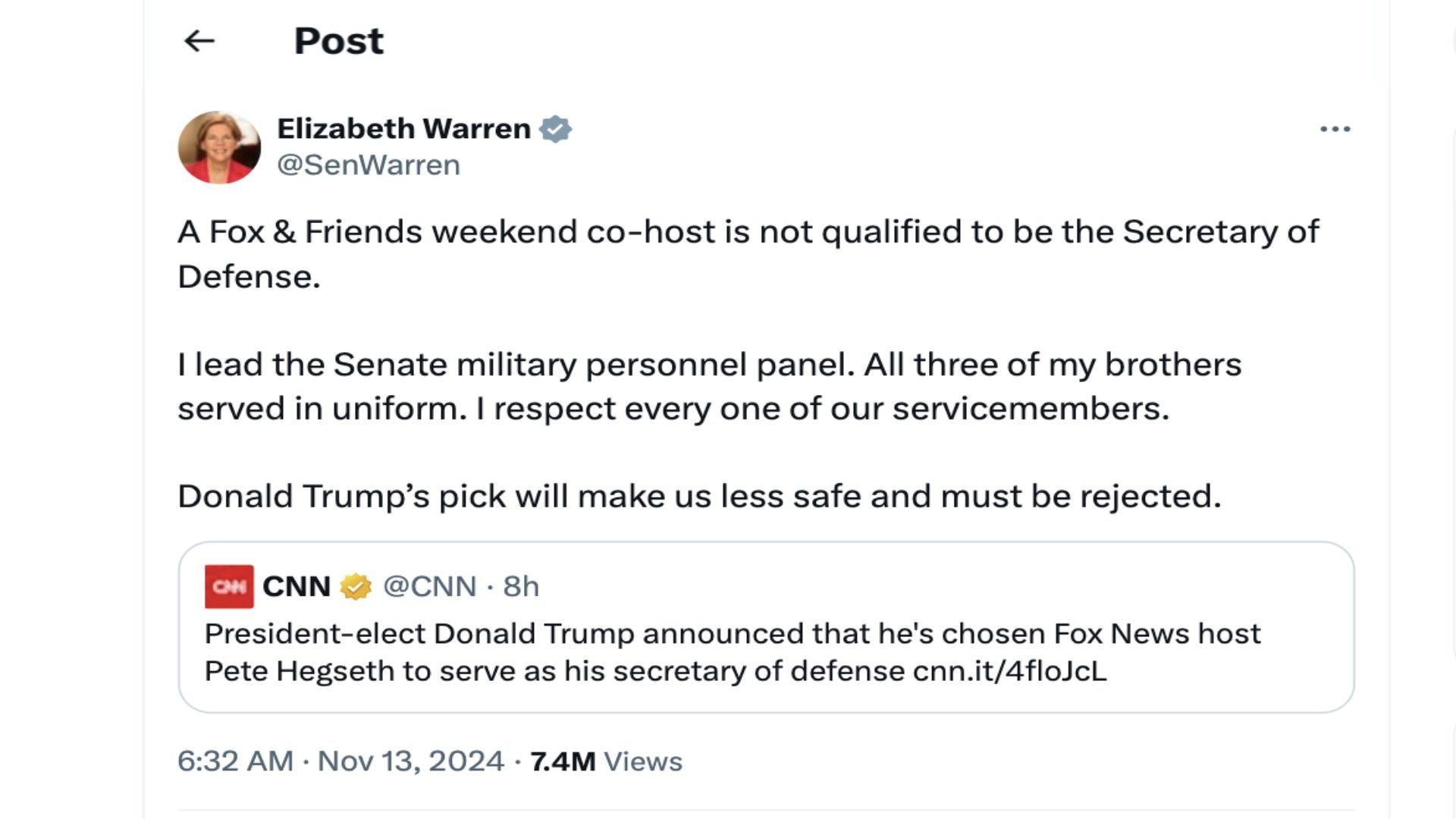 Screenshot via Elizabeth Warren/X