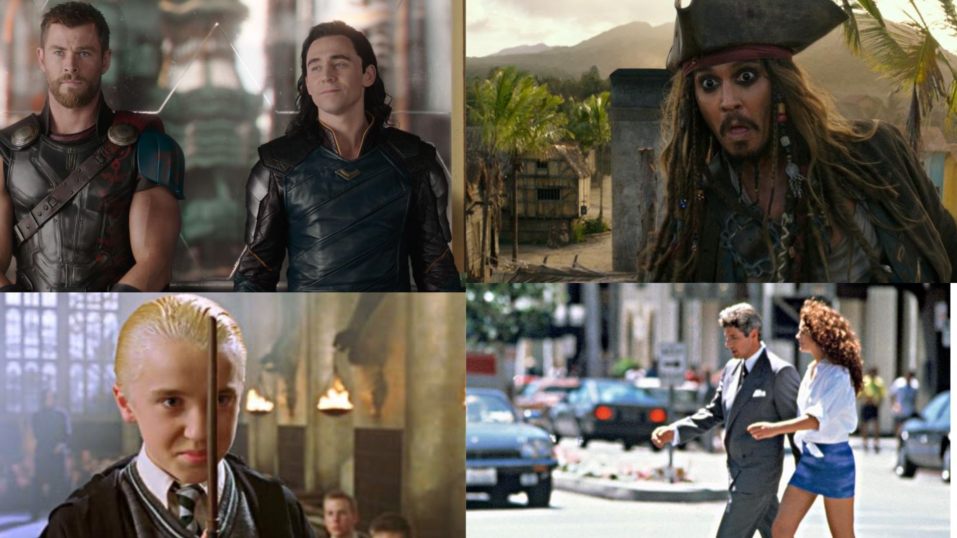 Chris Hemsworth in Thor: Ragnarok, source: Disney Marvel; Johnny Depp in Pirates of the Caribbean, source: Disney; Tom Felton in Harry Potter, source: Warner Bros. ; Julia Roberts and Richard Gere in Pretty Woman, source: Touchstone Pictures 