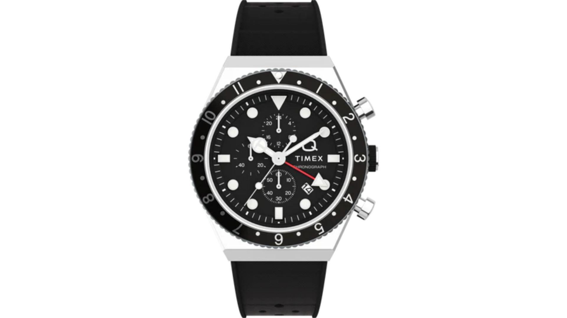 Q 3-Time Zone Chronograph 40mm Synthetic Rubber Strap Watch (Image via Timex)