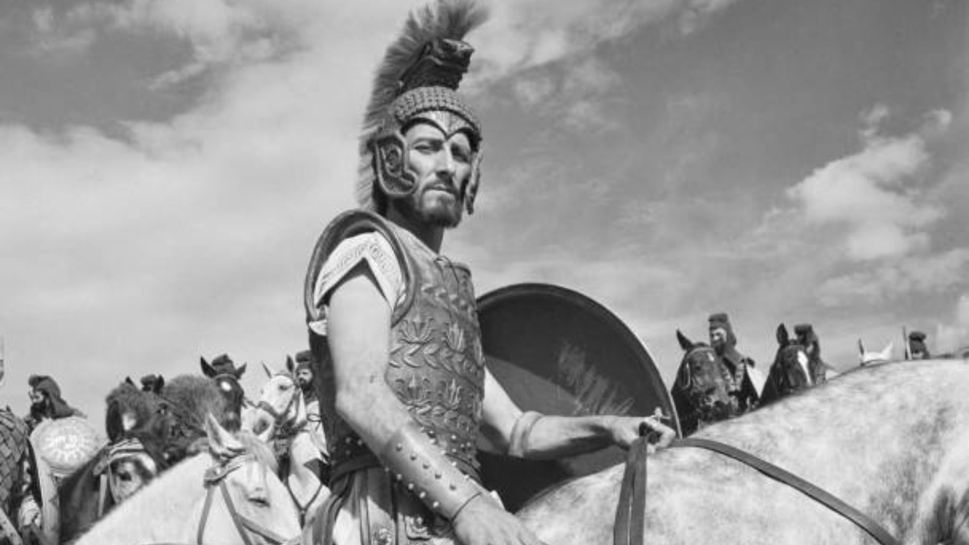 Peter Cushing (1913 - 1994) dressed as Memnon on the set of the historical film 