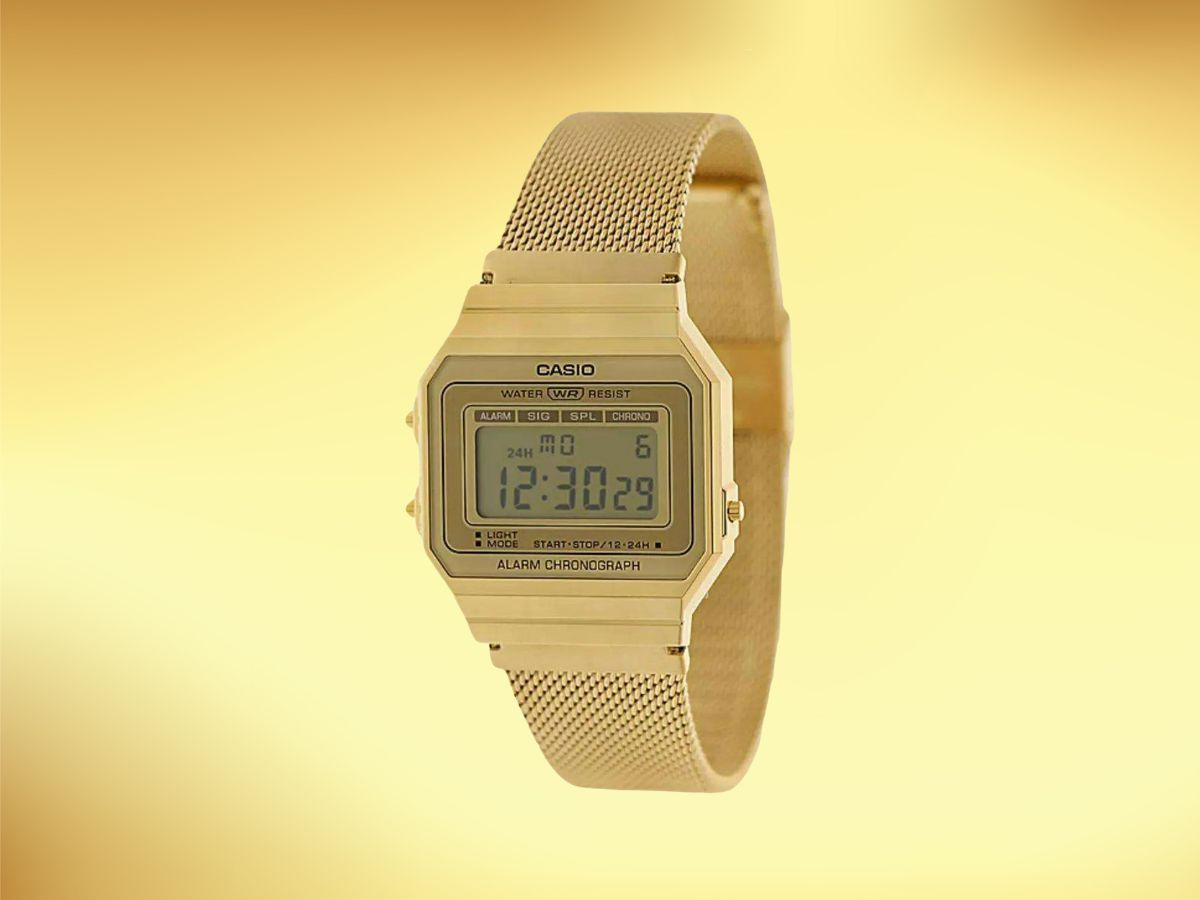 Casio Women&#039;s Super Slim Gold Tone Resin/Stainless Steel Mesh Watch A700WMG-9A (Image via Walmart)