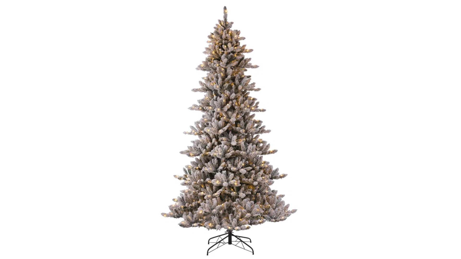 9ft Flocked Fir Artificial Christmas Tree with 650 Warm White Lights (Image via Wayfair)