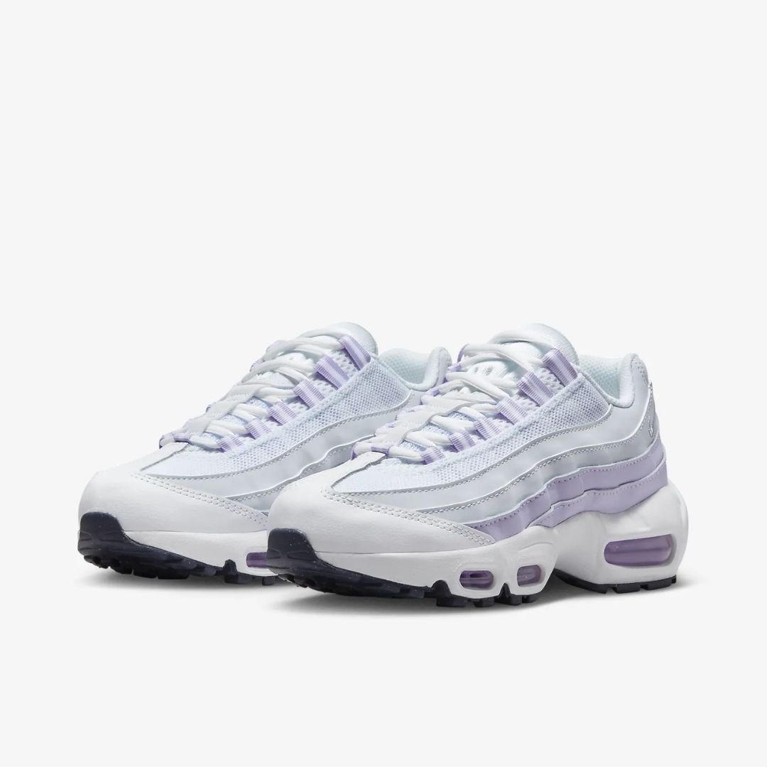 Nike Air Max 95 Recraft big kid&#039;s shoes in White/Pure Platinum/Violet Frost/Metallic Silver (Image via Nike)