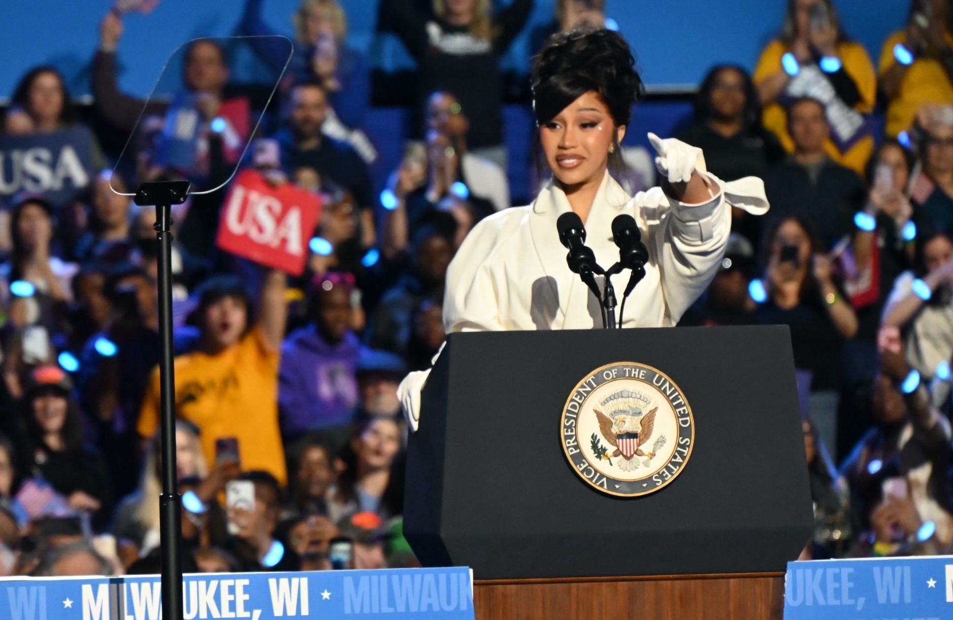 Cardi B endorses Kamala Harris at a campaign rally in West Allis, Wisconsin, November 1, 2024. (Image via Getty/Kyle Mazza)