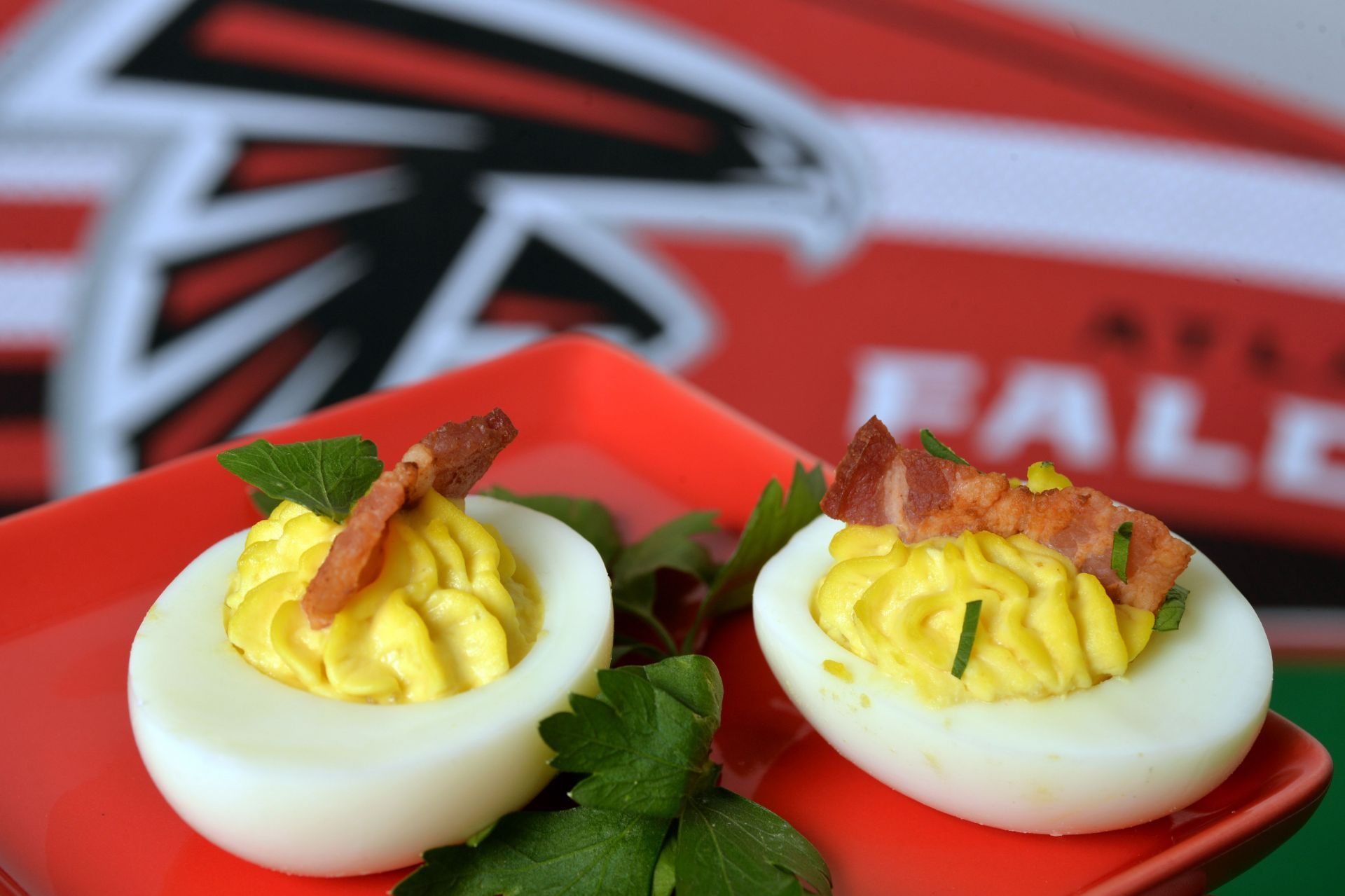 For the Tailgate section, Atlanta Falcons deviled eggs are photographed in Walnut Creek, Calif., on Wednesday, Oct. 21, 2015. The Classic Southern deviled eggs are topped with bacon in this dish from Atlanta chefs Jonathan and Justin Fox. (Doug Duran/Bay - Source: Getty