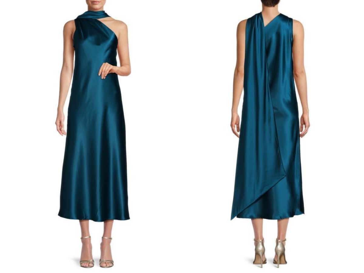 One Shoulder Scarf Satin Midi Dress by Renee C. (image via Saks Fifth Avenue)