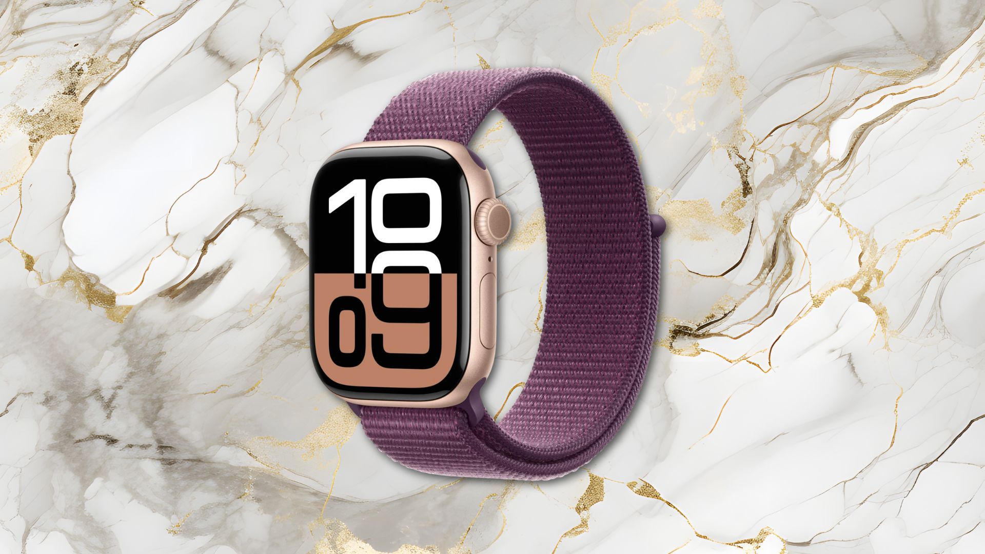 Apple Watch Series 10 GPS 42mm Rose Gold Aluminum Case with Plum Sport Loop (Image via Walmart)