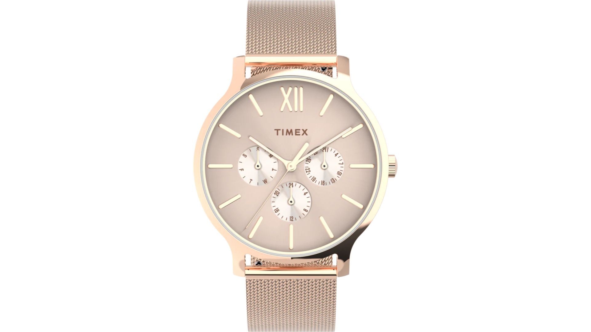 Transcend Multifunction 38mm Stainless Steel Mesh Band Watch (Image via Timex)