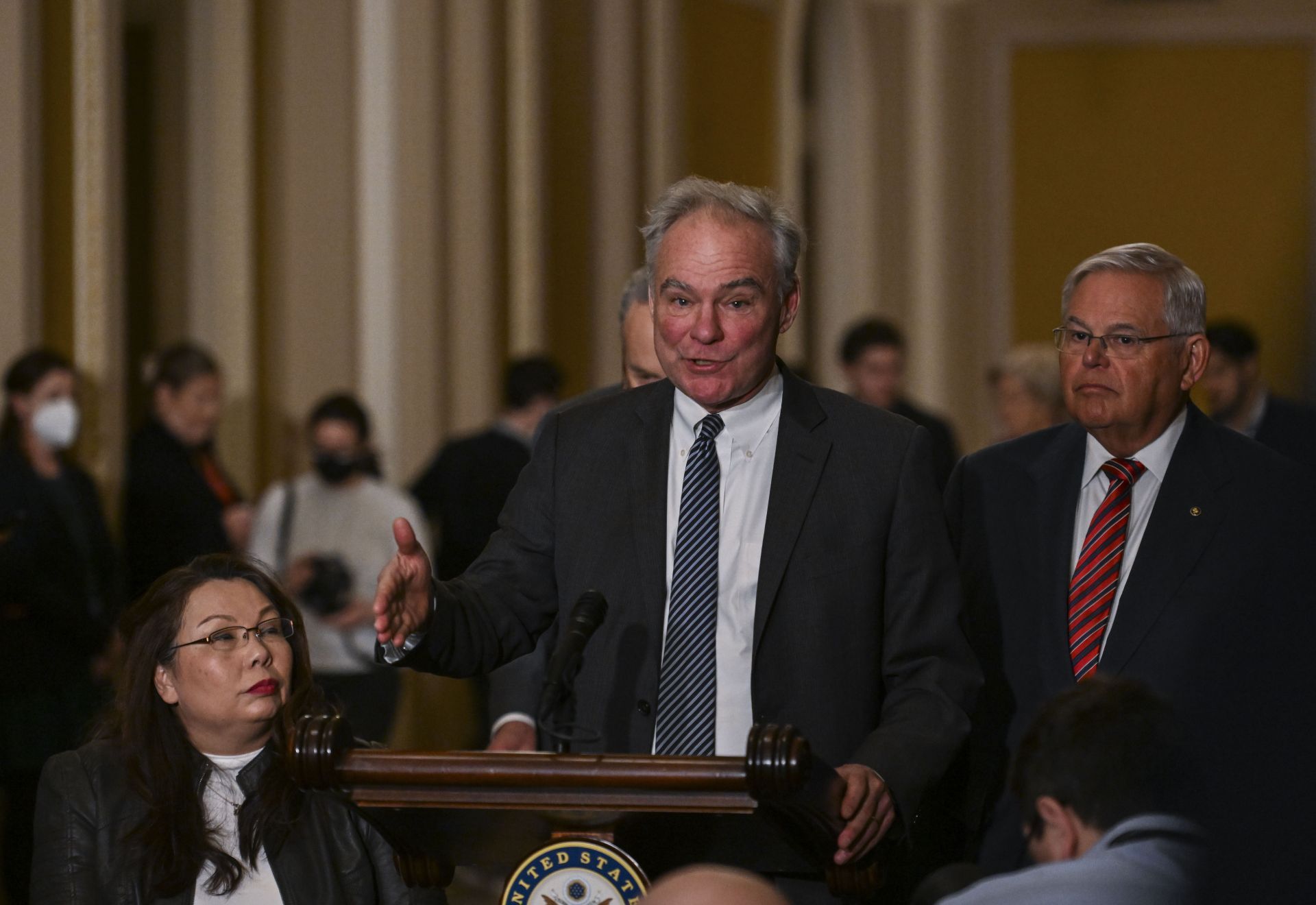 WASHINGTON, DC - MARCH 15: Sen. Tim Kaine (D-Va) flanked by Sen - Source: Getty