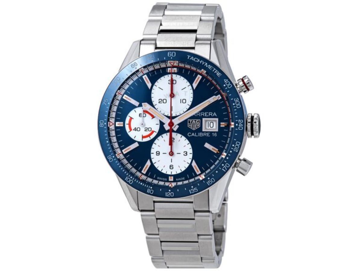 Tag Heuer Men&#039;s Carrera Chronograph Stainless Steel Blue Opalin Dial Watch (Image via The Watchery)