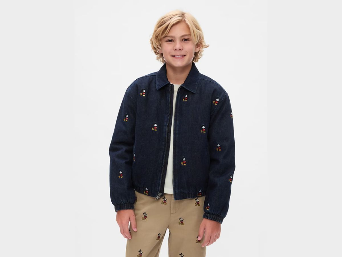 Gap &times; Disney Kids Embroidered Denim Bomber Jacket (Image via Gap)