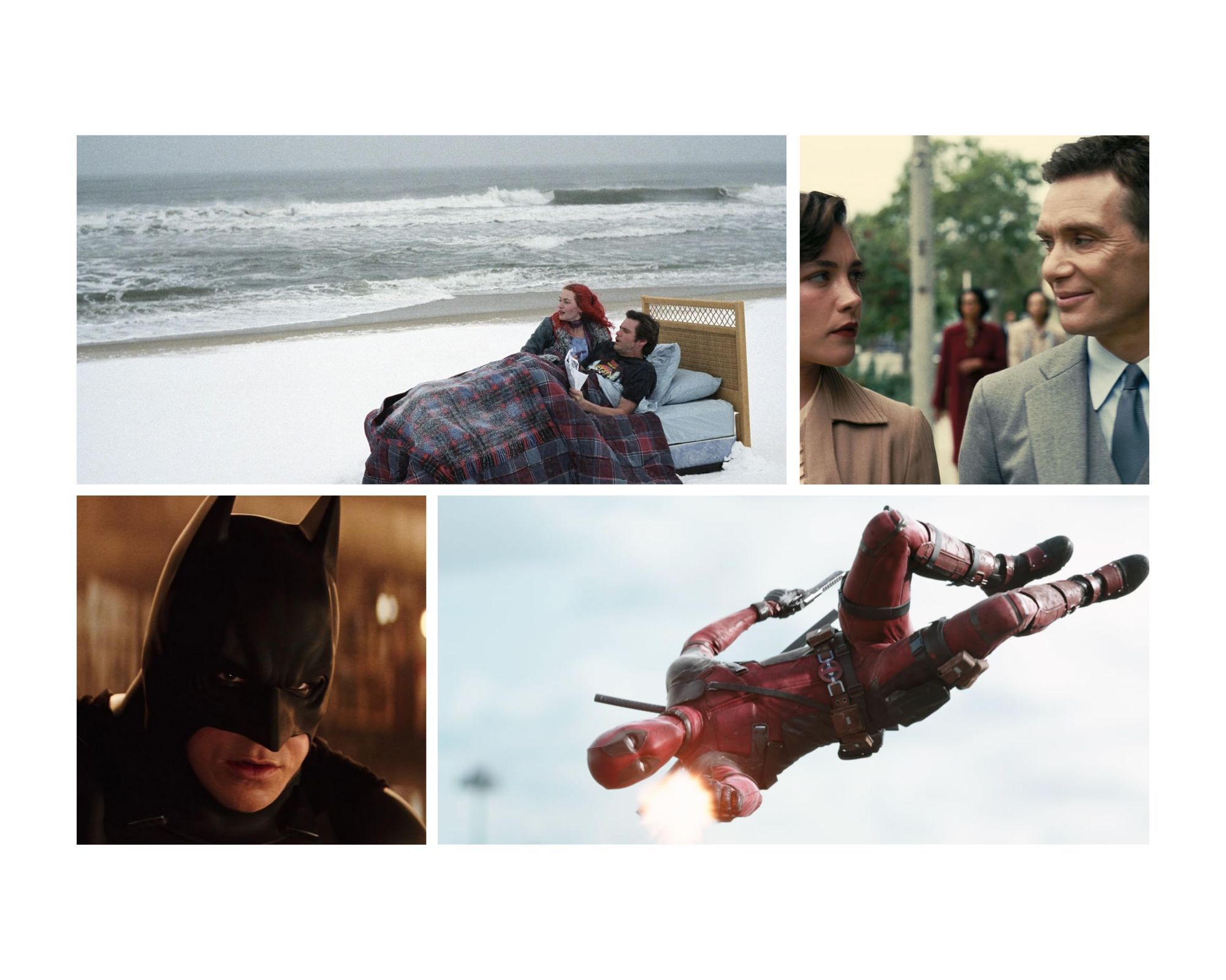 Eternal Sunshine of the Spotless Mind, Source - Focus Features ; Oppenheimer, Source - Universal Pictures ; Batman Begins, Source - Warner Bros. Pictures ; Deadpool, Source - 20th Century Fox