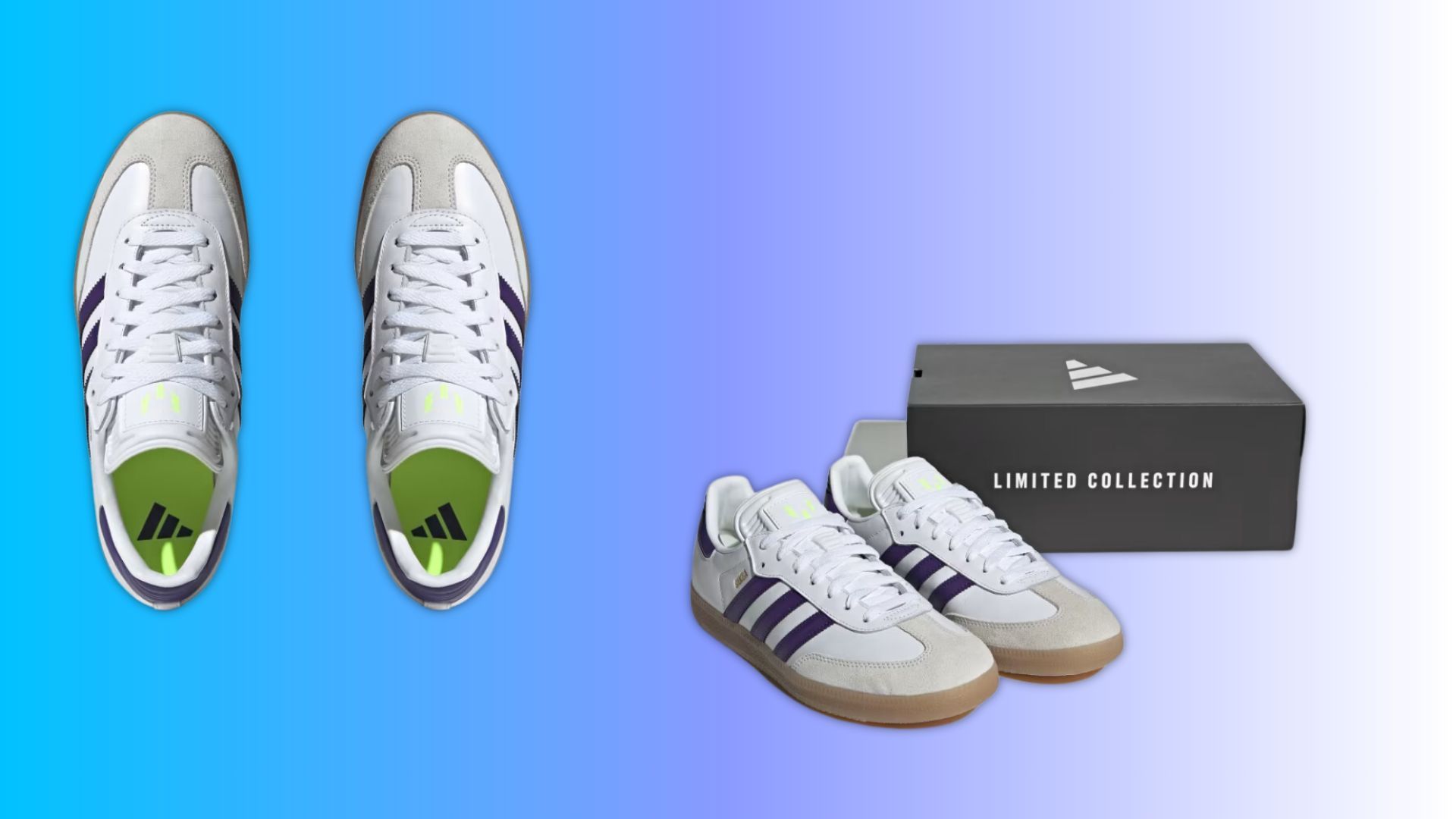 Samba Messi Indoor Soccer Shoes / Cloud White / Purple / Gum (Image via adidas)