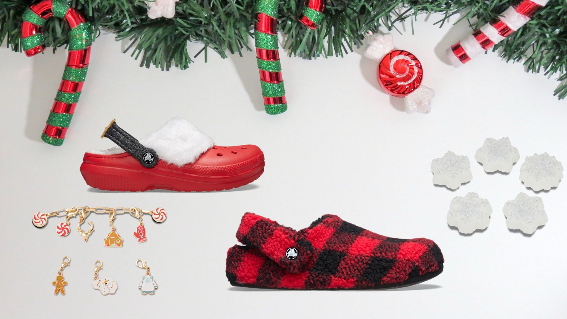 Chirstmas-themed Crocs and jibbitz (Image via Crocs)