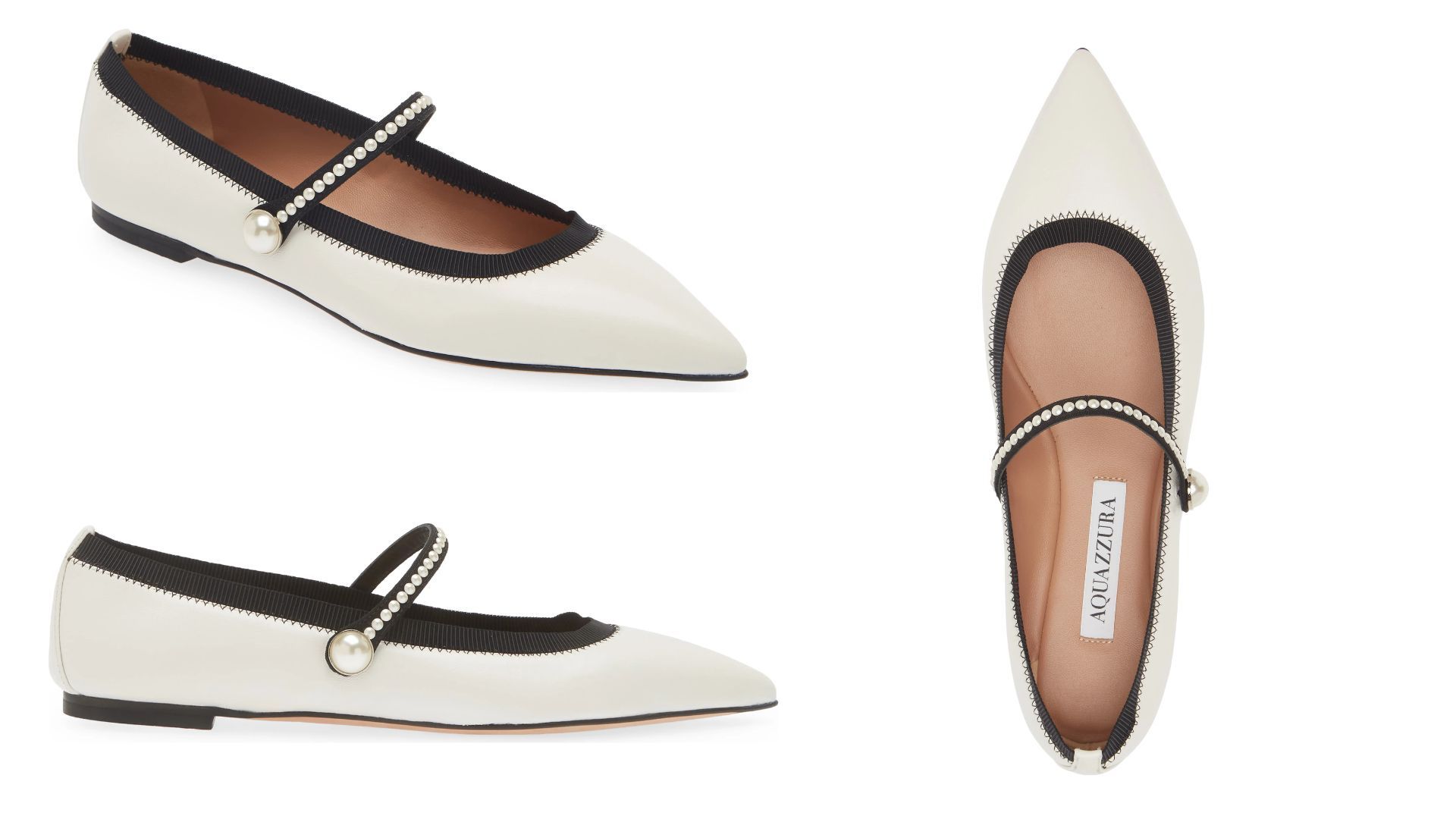 Aquazzura Romy Pearly Strap Pointed Toe Mary Jane Flat (Image via Nordstrom)