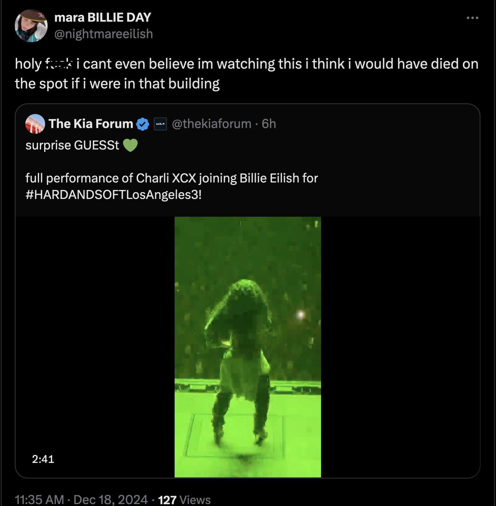 Fans react to Charli XCX joining Billie Eilish on-stage (Image via X/@nightmareeilish)