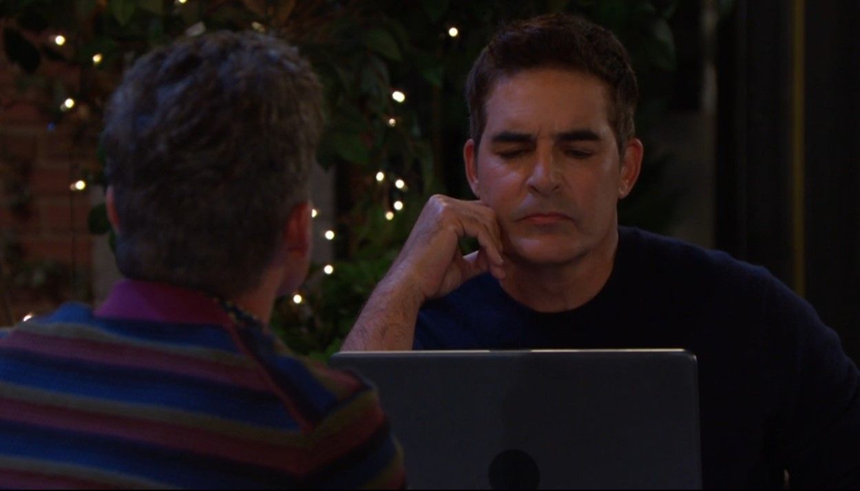 Rafe (Galen Gering) and Leo (Greg Rikaart) disagreed about Lady Whistleblower. \Image Source: Peacock