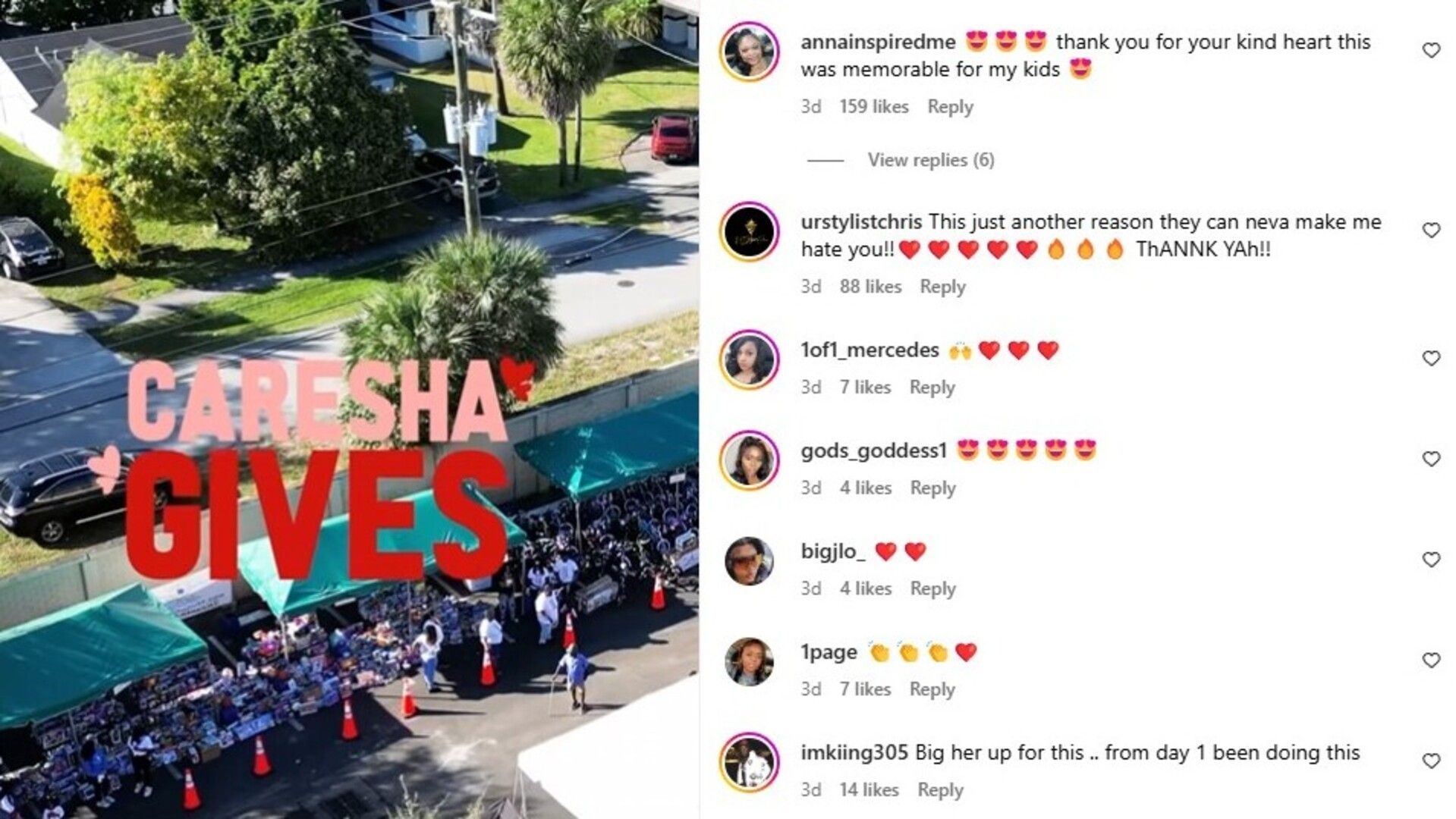 Comments lauding Caresha Gives (Image via Instagram/@yungmiami305)