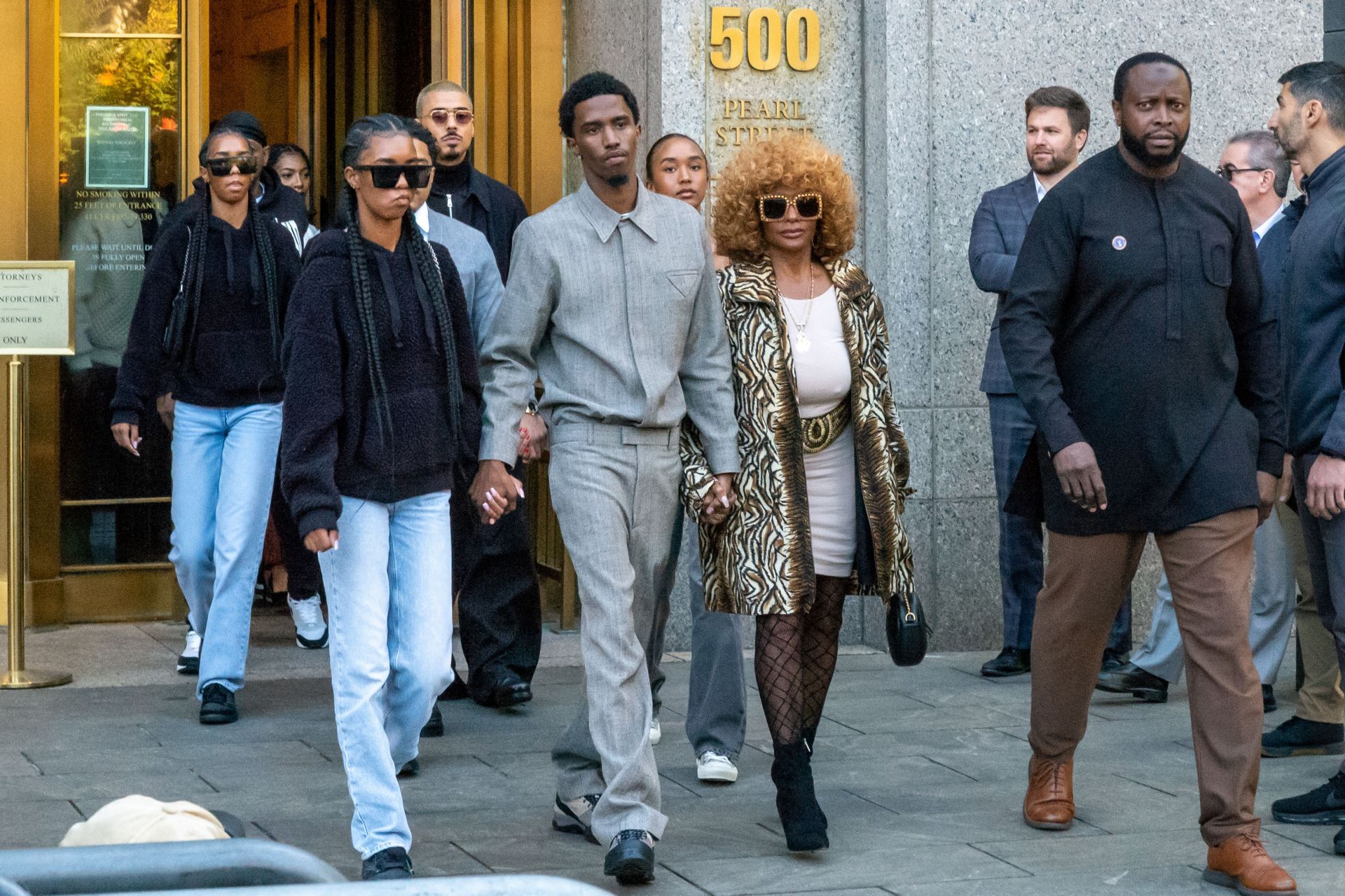 Sean Combs&#039; family outside the Southern District of New York Federal Court after a pre-trial hearing, October 2024. (Image via Getty/David Dee Delgado)