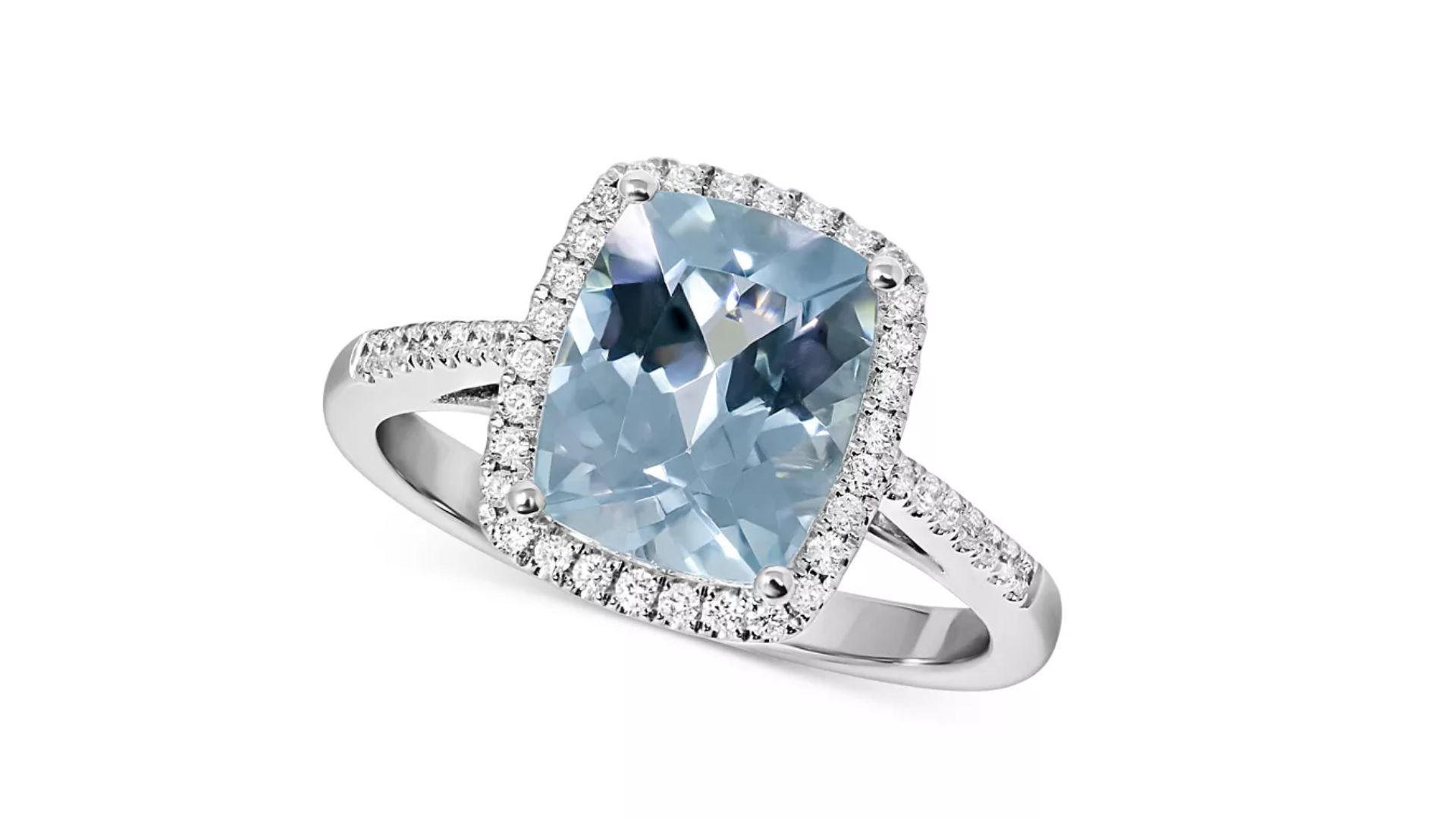 Macy&#039;s Aquamarine &amp; Diamond Halo Ring in 14k White Gold (Image via Macy&#039;s)