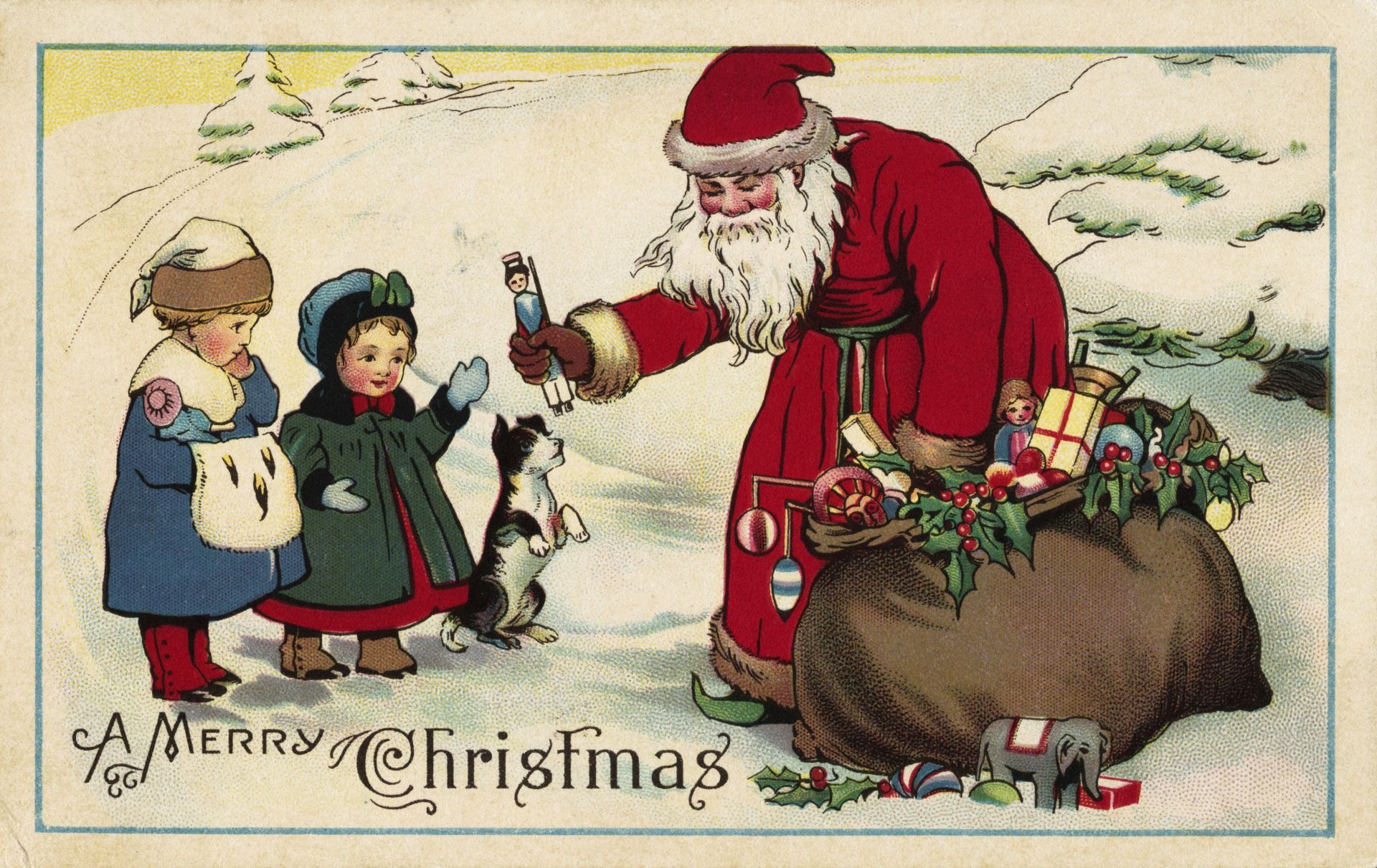 A Merry Christmas Postcard with Santa Claus Giving Gifts - Source: Getty