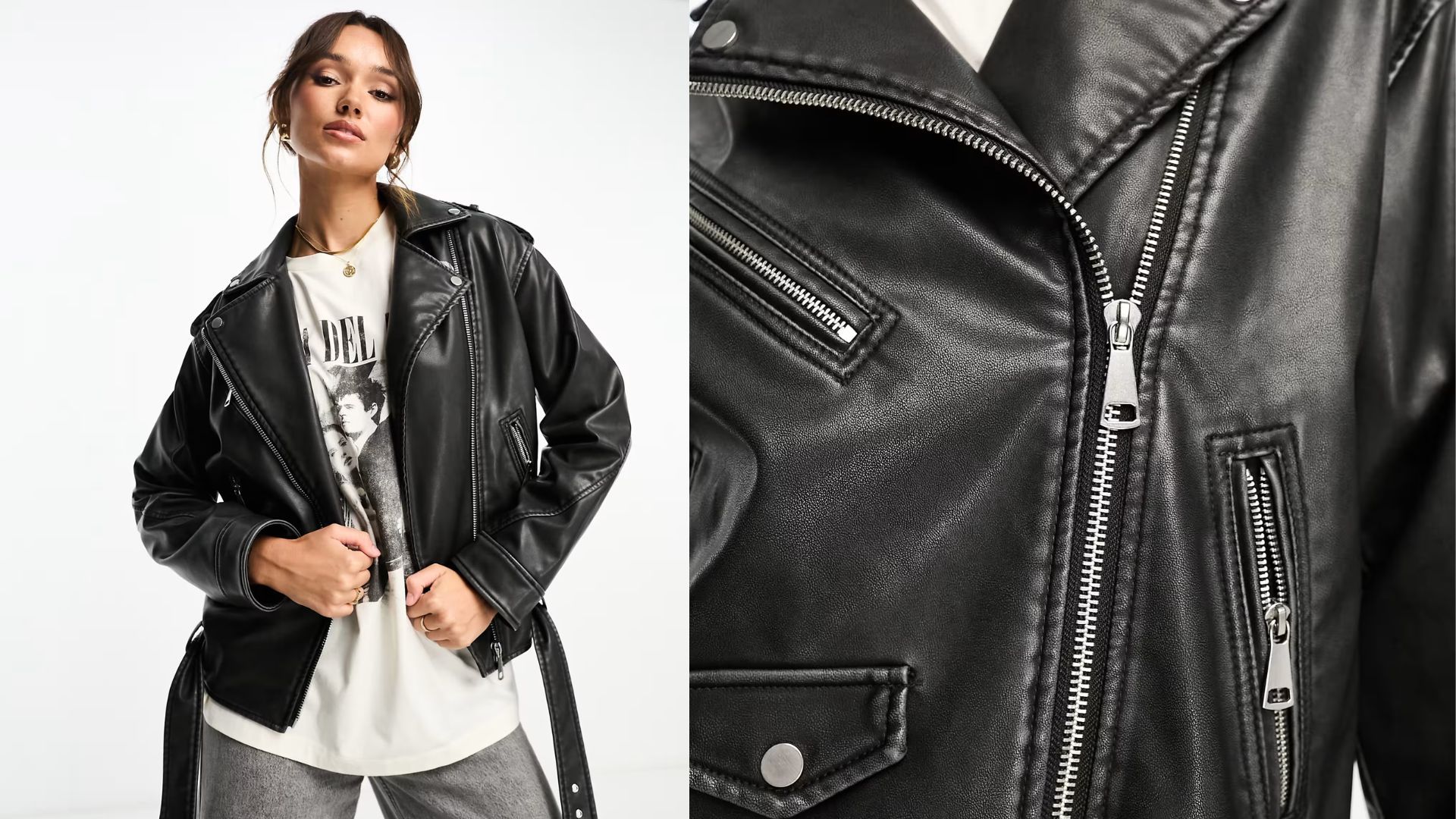 Stradivarius oversized faux leather biker jacket in washed black (Image via ASOS)