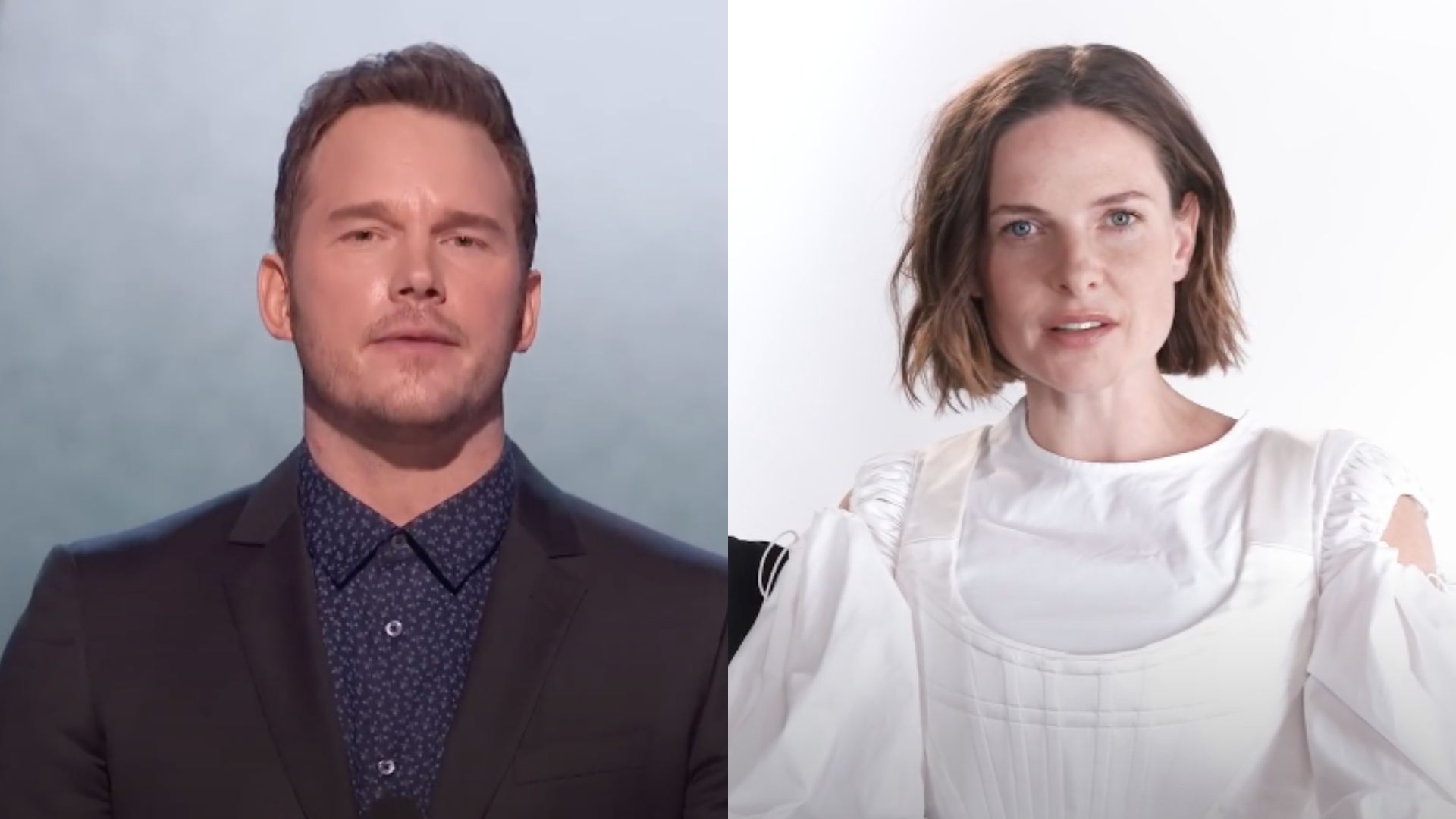 This is a collage of images of actors Chris Pratt (Left) and Rebecca Ferguson (Right) 