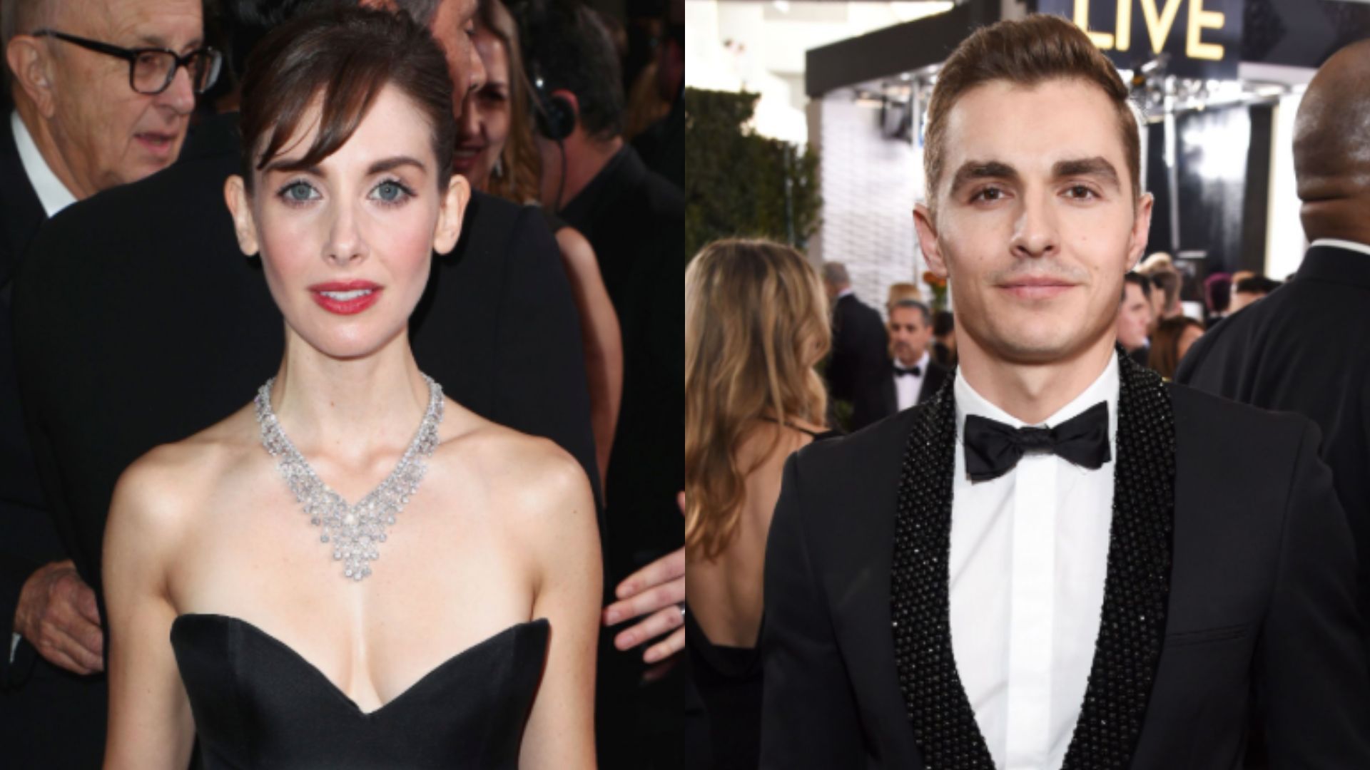 This is a collage of the images of actors Alison Brie (left) and Dave Franco (right)