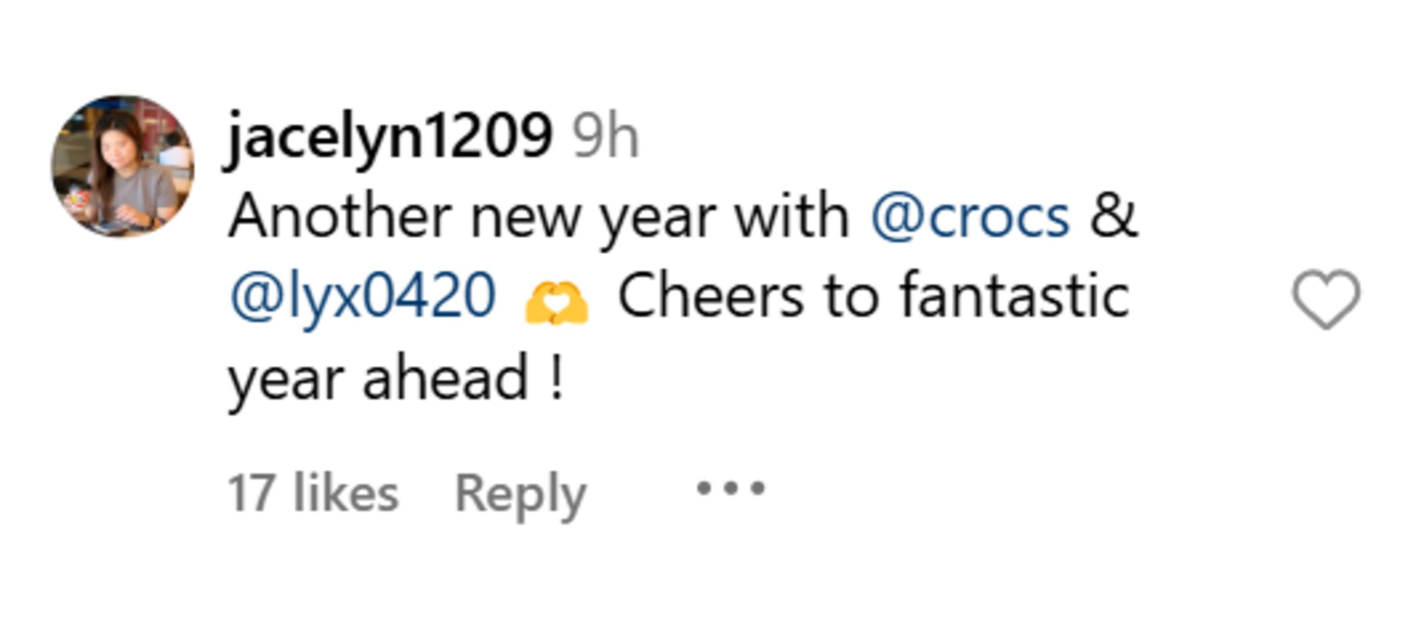 Fans wish Xin Liu and Crocs a happy new year. (Image via Instagram/@jacelyn1209)