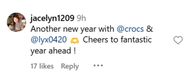 Fans wish Xin Liu and Crocs a happy new year. (Image via Instagram/@jacelyn1209)
