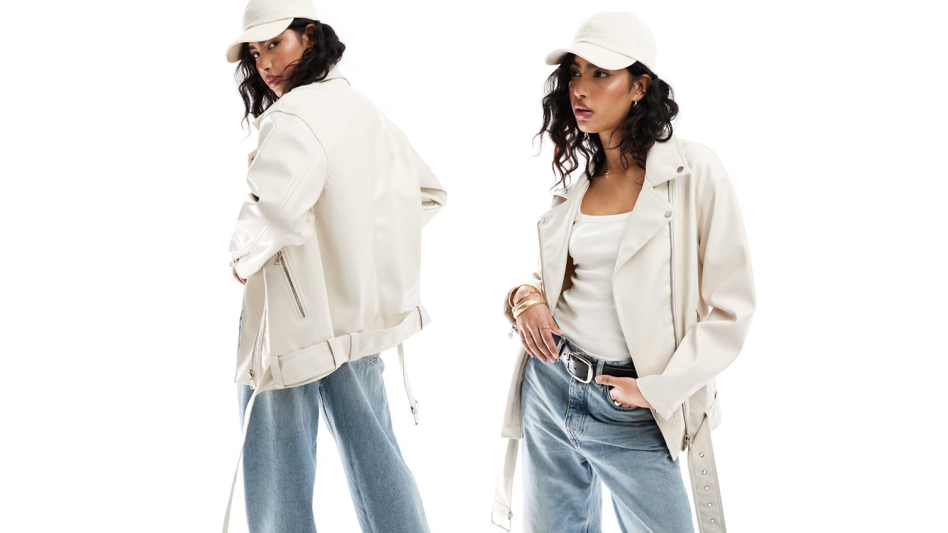 ASOS Design longline oversized faux leather biker jacket in white (Image via ASOS)