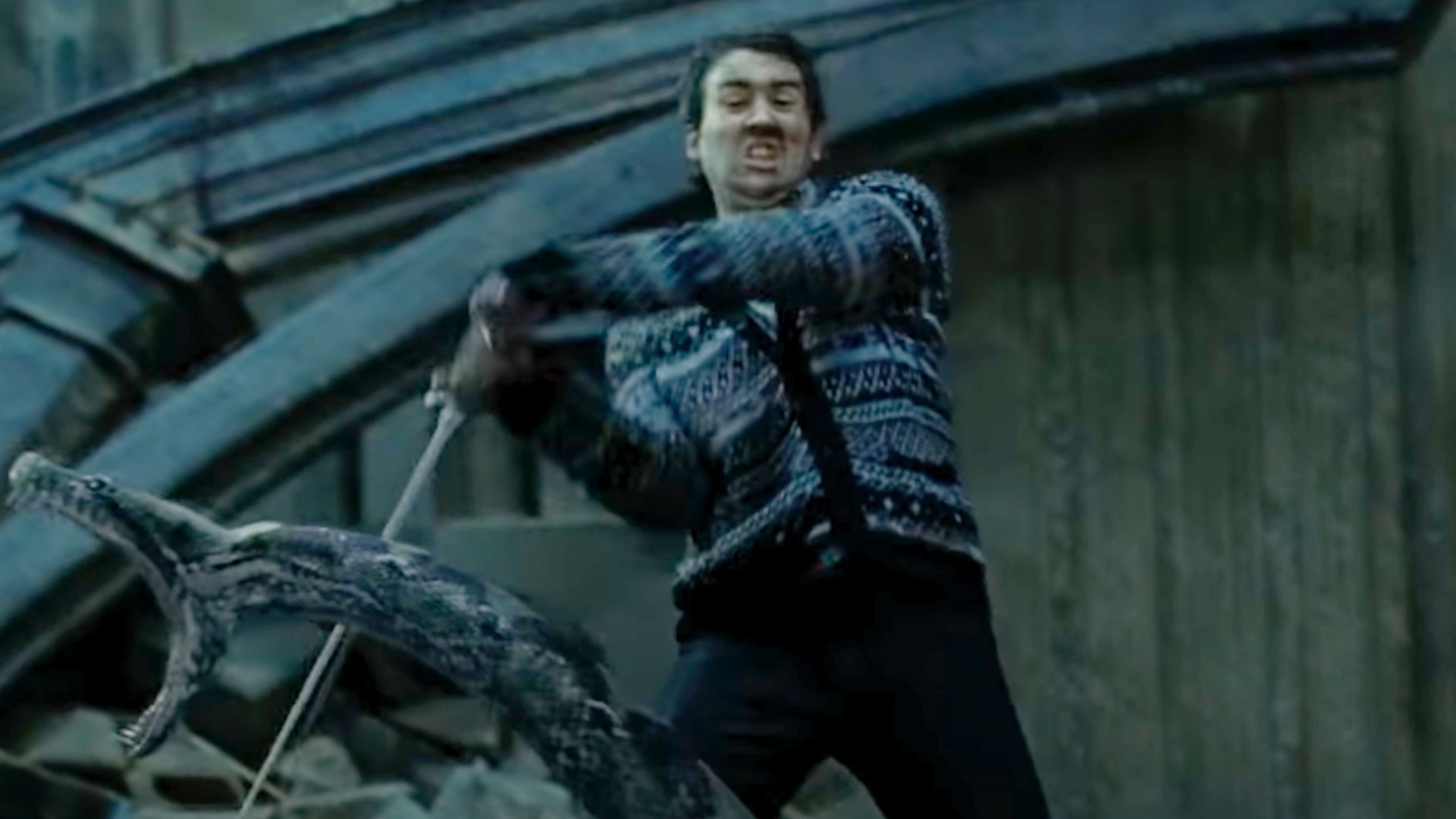 Neville Longbottom destroying the last Horcrux | Image Via: Warner Bros. Pictures