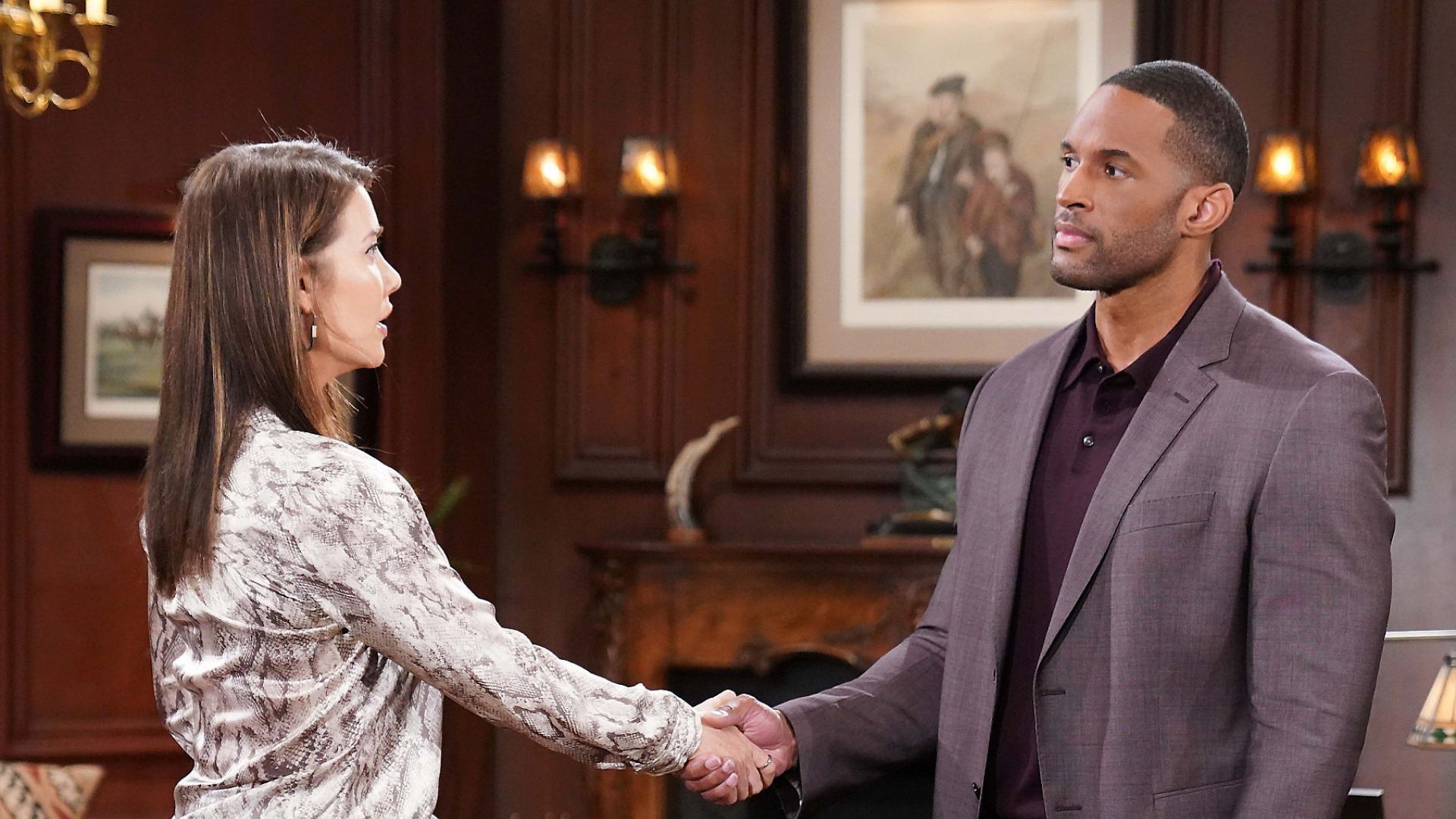 Carter and Steffy shake hands on The Bold and the Beautiful | Image Source: JPI