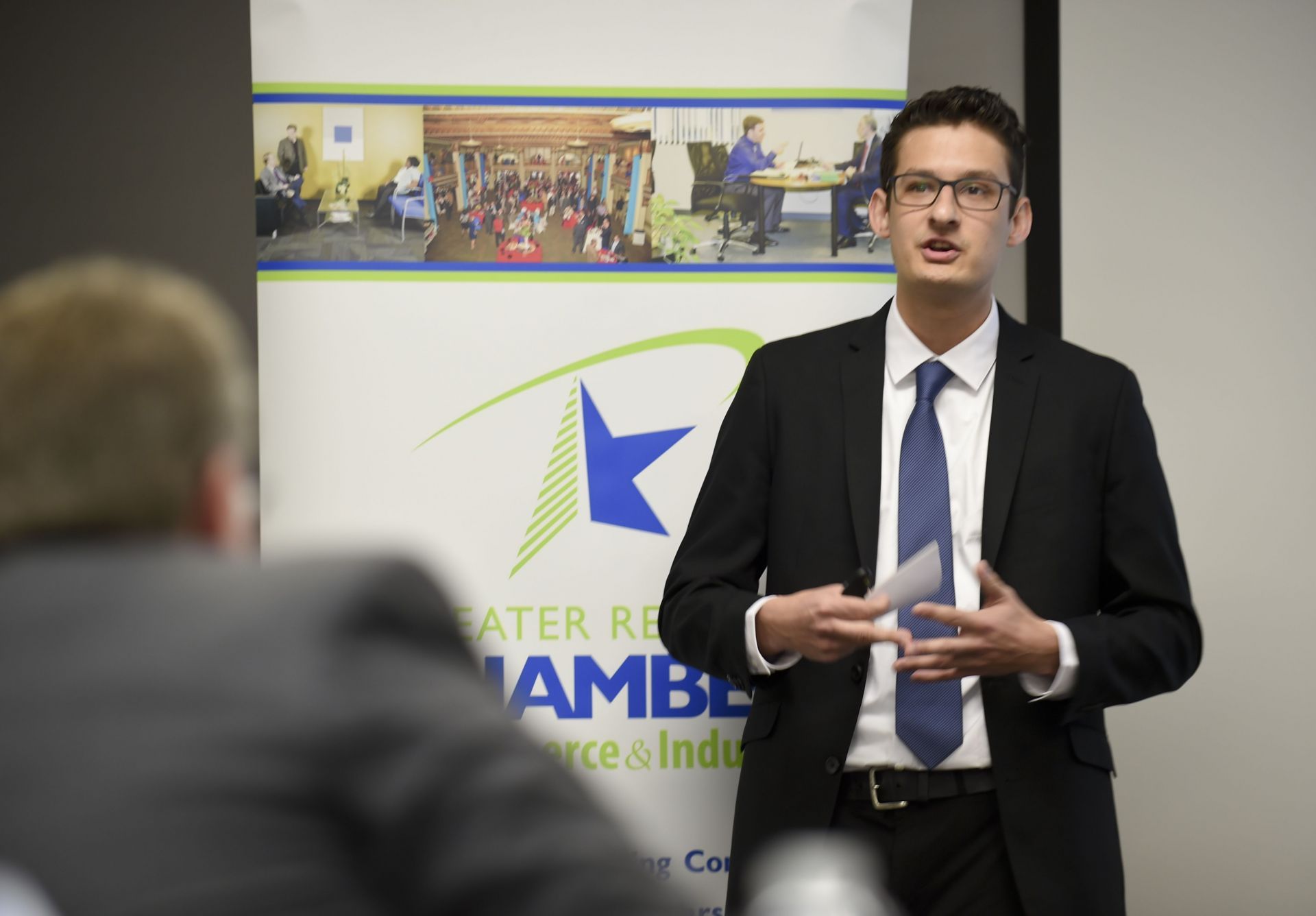 Kutztown&#039;s Jeff Krystopa, sophomore, gives his presentation during the Greater Reading Chamber&#039;s Shark Tank business plan competition. Photo by Natalie Kolb 4/8/2016 - Source: Getty