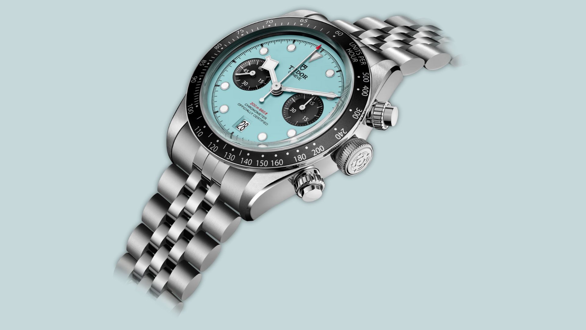 The Flamingo Blue Black Chrono watch has a 41mm 316L stainless steel case (Image via Tudor)