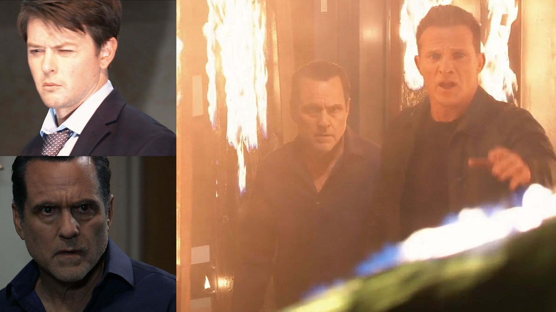 General Hospital&#039;s Sonny, Michael and Jason in the fiery inferno. | Image Source: Hulu