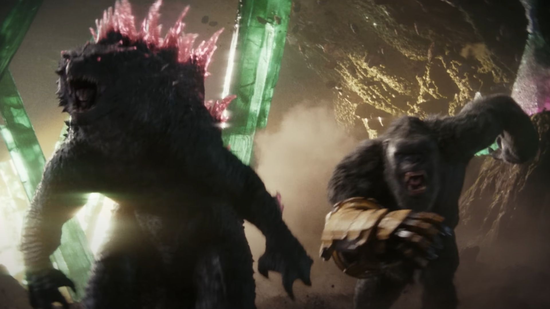 Godzilla and Kong are seen running