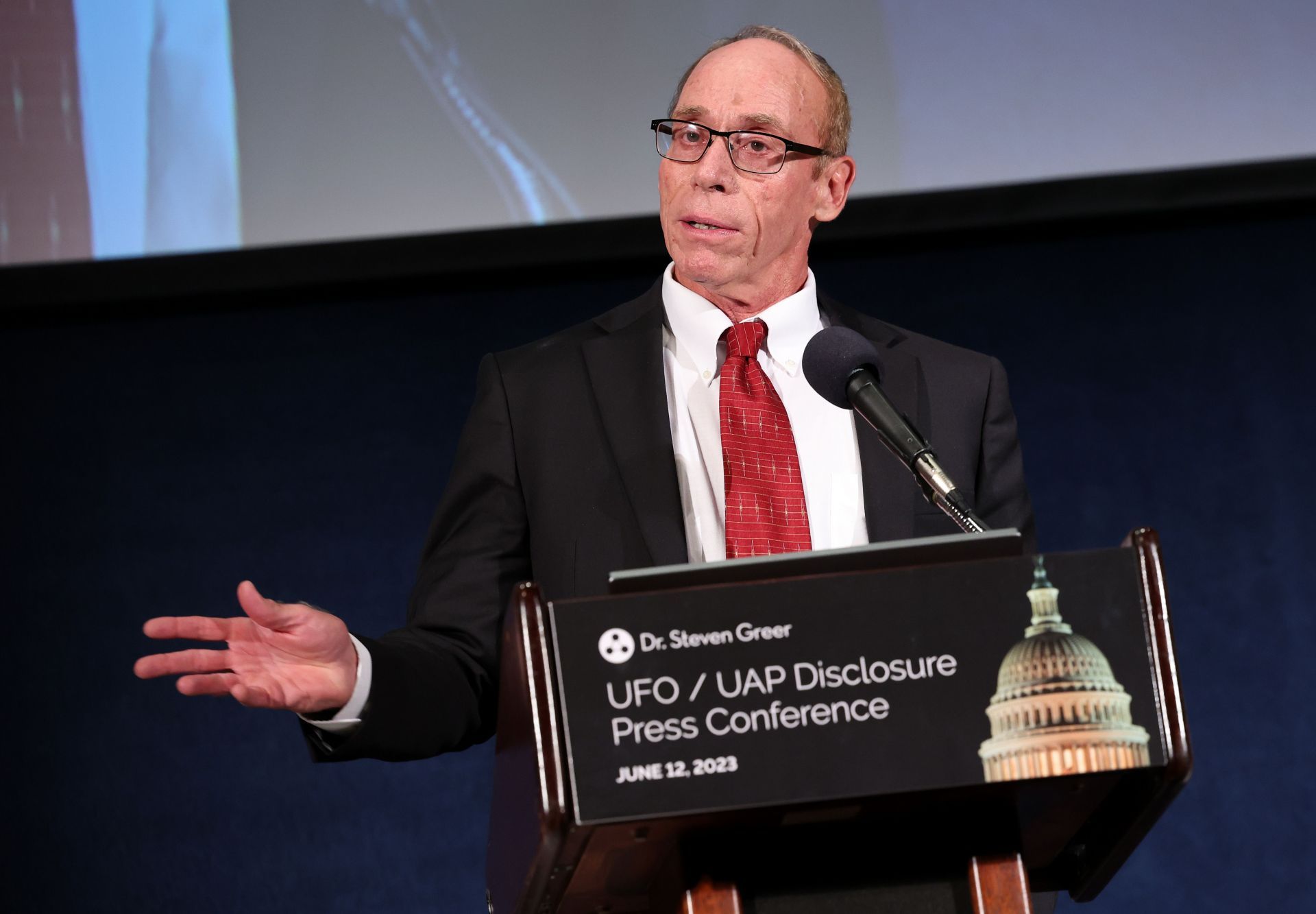 Dr. Steven Greer Holds His UFO/UAP Disclosure Press Conference In Washington, D.C. - Source: Getty