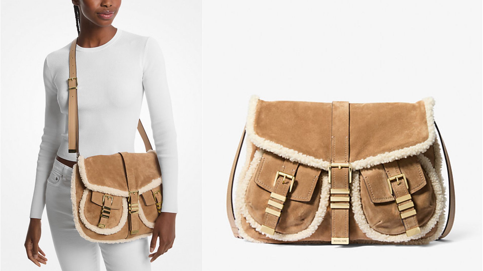 Darrington Large Suede and Shearling Messenger Bag (Image via Michael Kors)