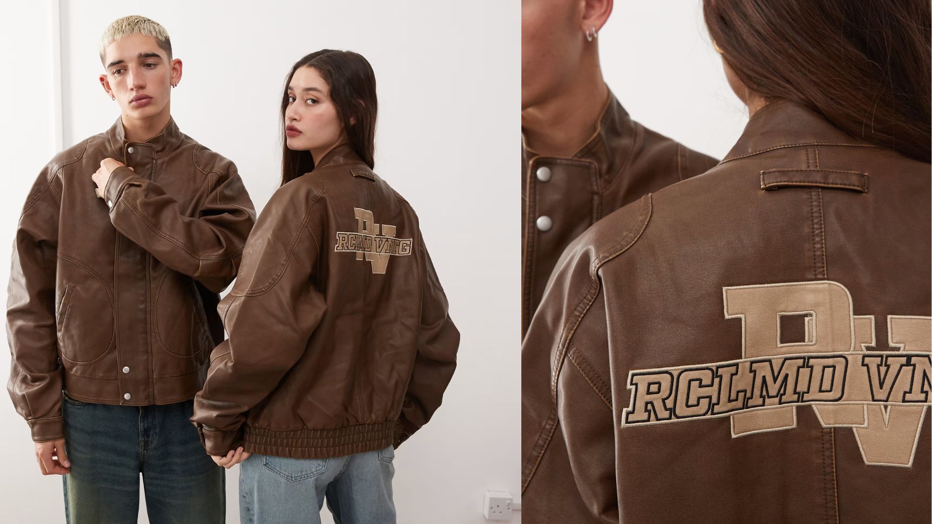 Reclaimed Vintage unisex leather dad bomber jacket with branding (Image via ASOS)