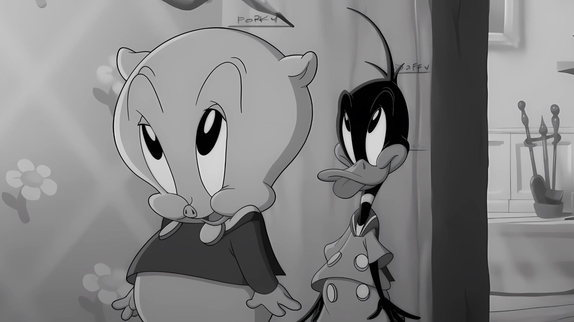 A young Porky Pig and a young Daffy Duck