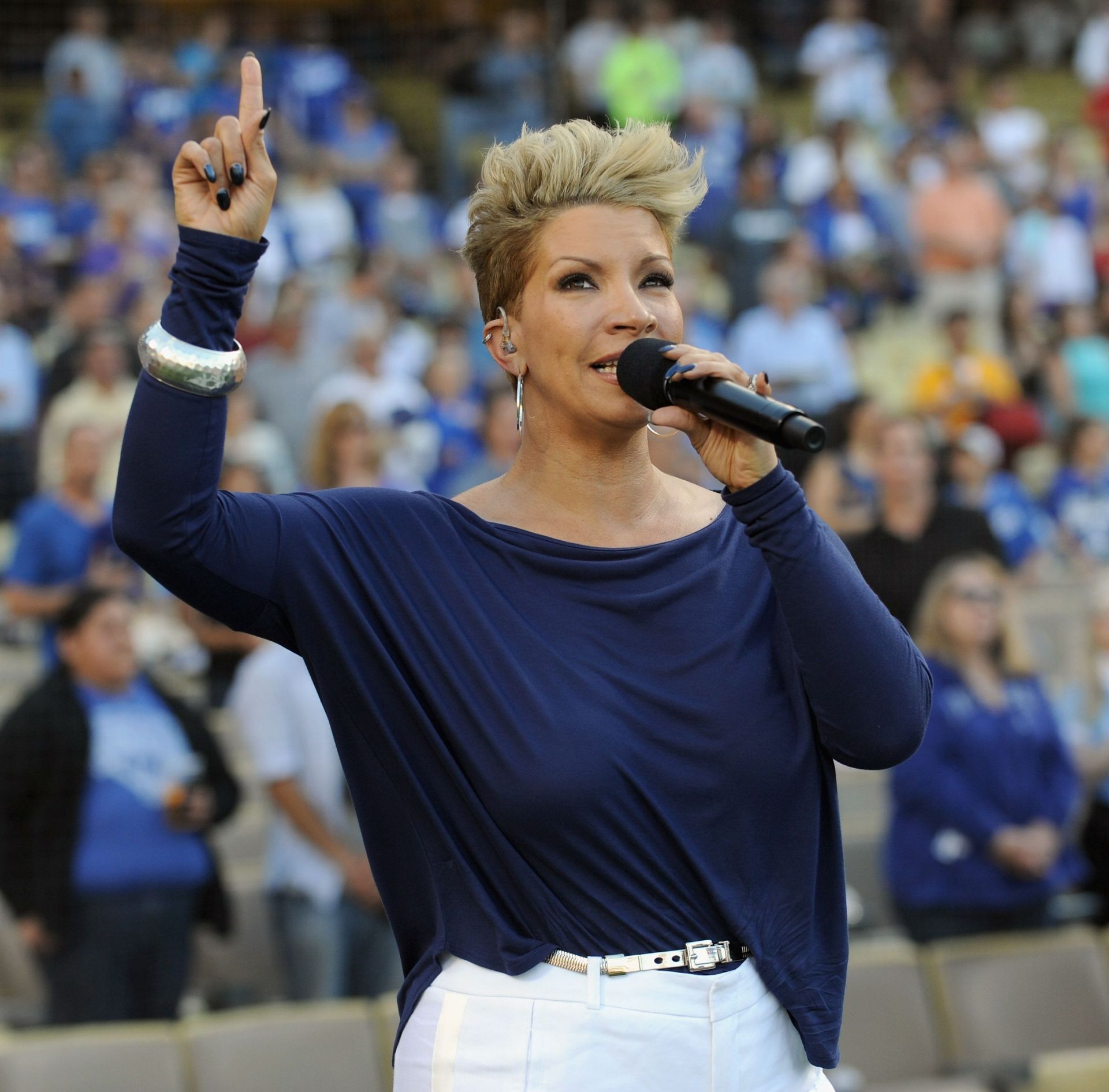 Rebecca Crews Sings The National Anthem Before The Dodger Game - Source: Getty