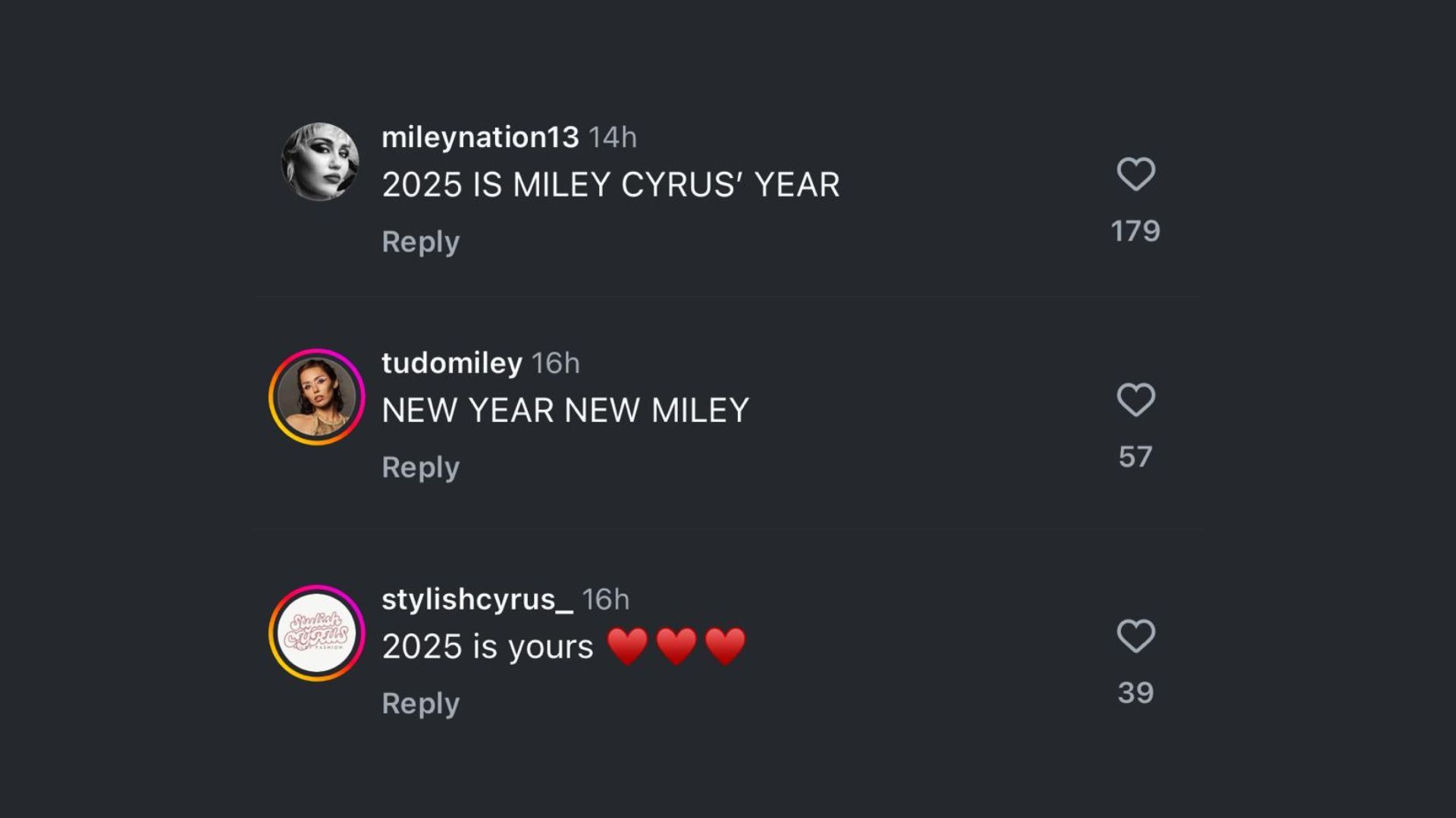 Fans react to Miley Cyrus&#039; visuals on a New Year post (Image via Instagram/@mileycyrus)