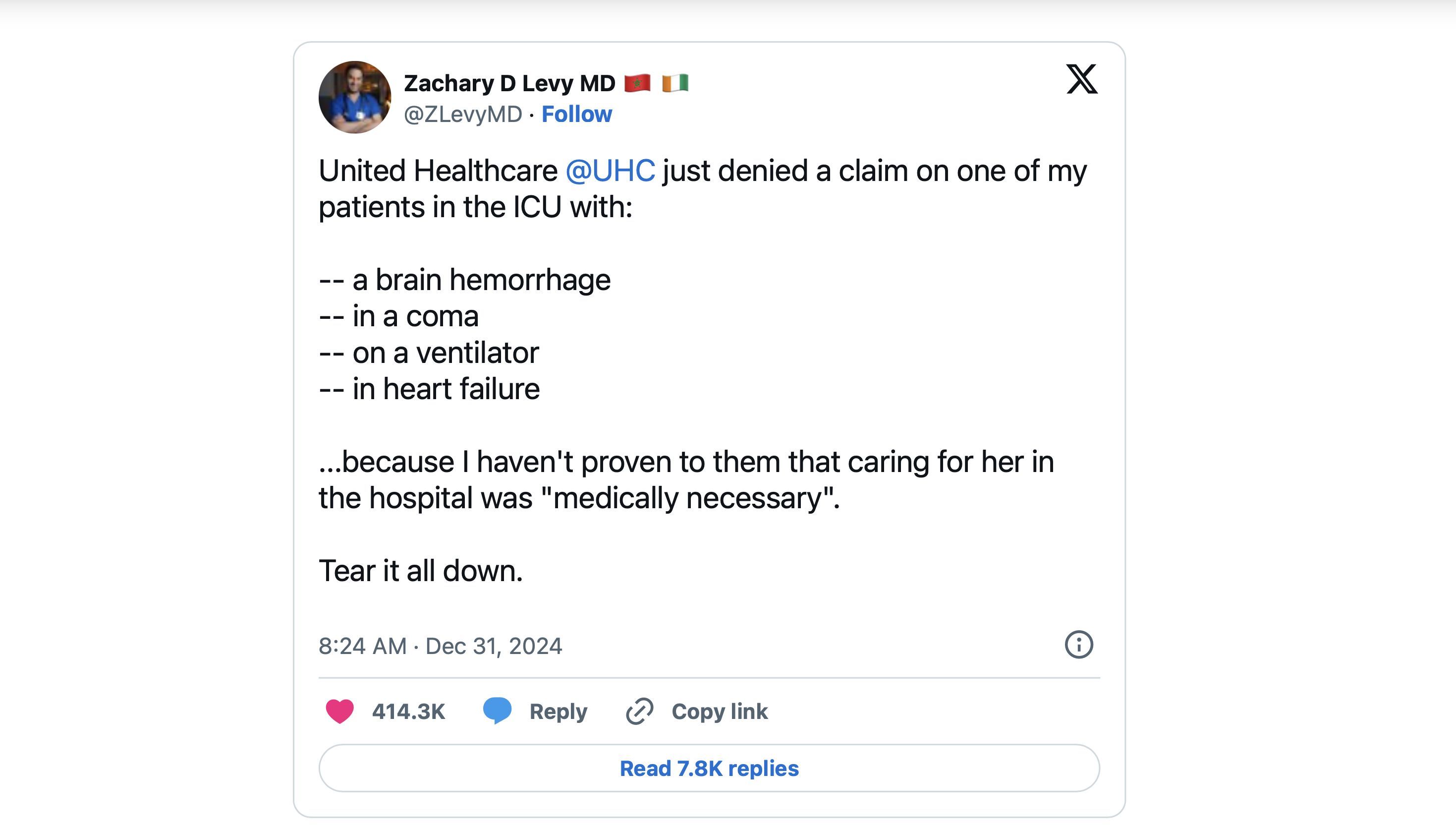 Screenshot of Dr. Zachary Levy&#039;s now-deleted tweet (Image via X/@ZLevyMD)