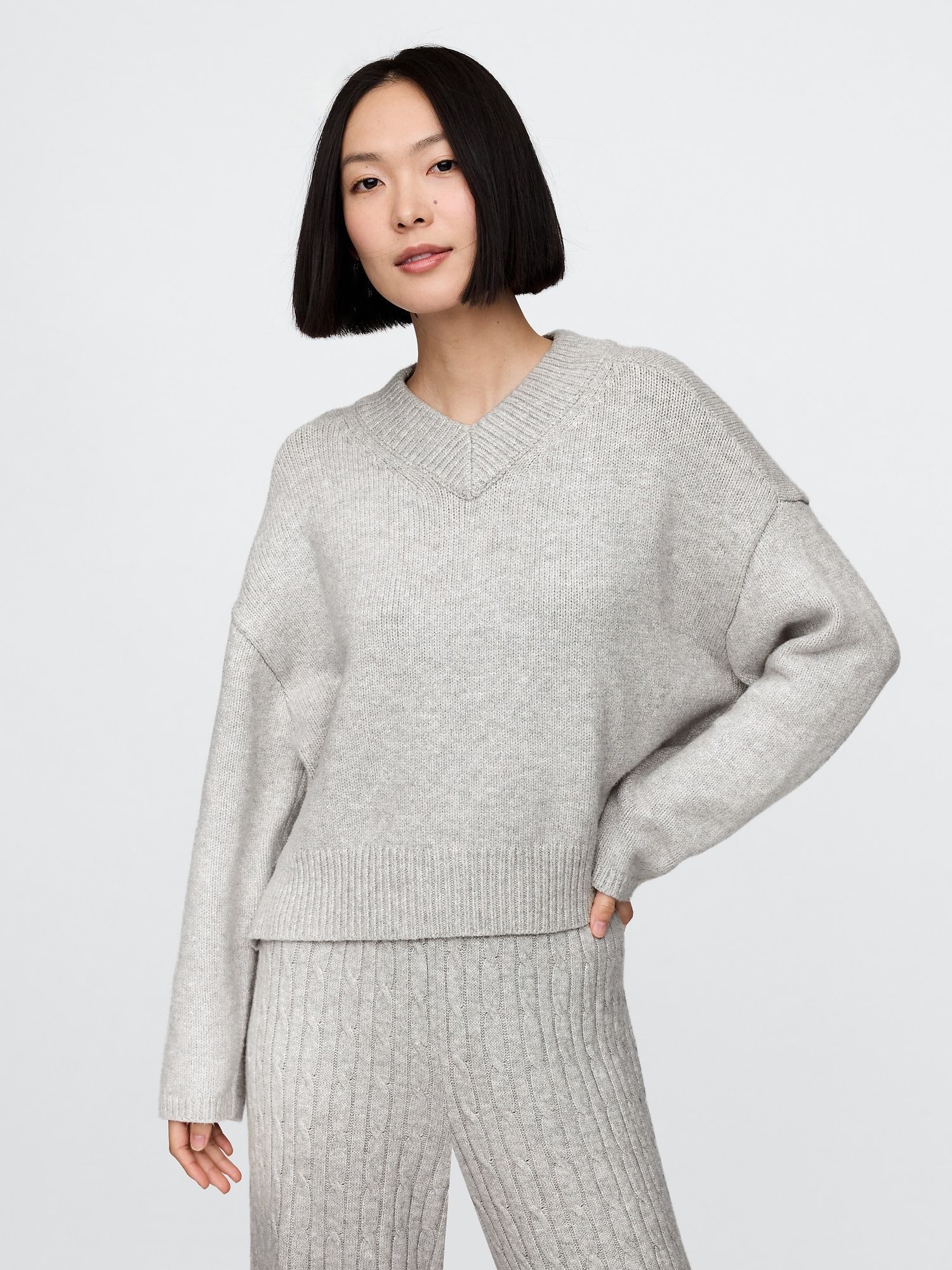 CashSoft cropped high V-neck sweater. image via gap.com