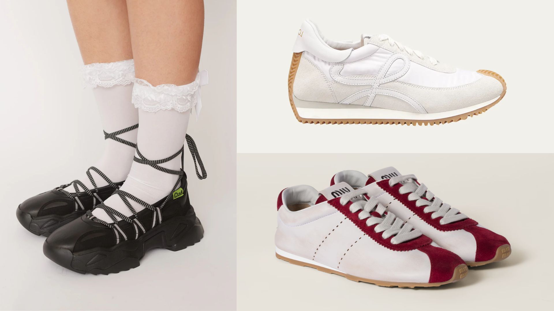 Sneaker Trends 2025 (Image via Miu Miu / Bergdorf Goodman / Lazy Oaf)