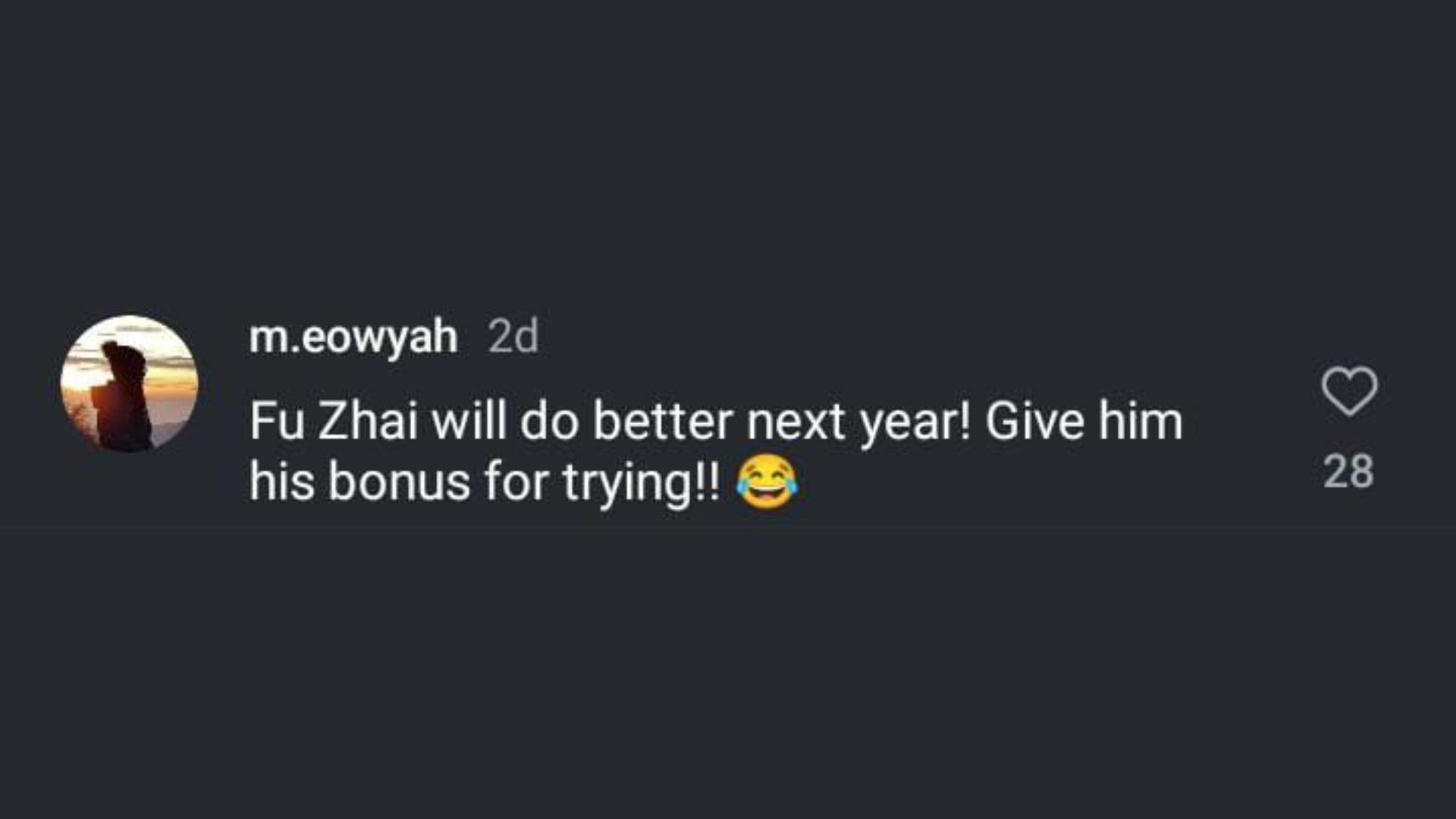 Fu Zhai will do better next year! Give him his bonus for trying (screenshot via straits_times/ Instagram)