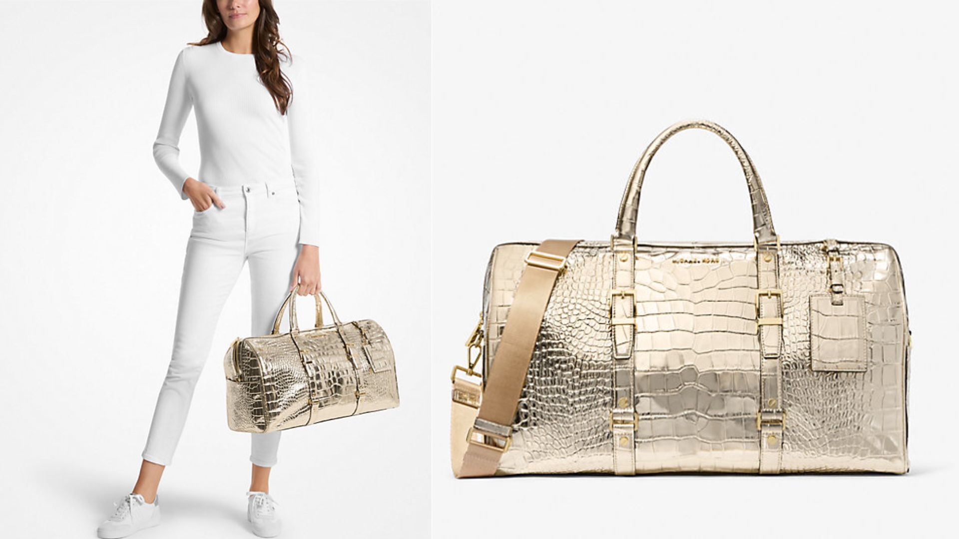 Bedford Travel Extra-Large Metallic Crocodile Embossed Leather Weekender Bag (Image via Michael Kors)