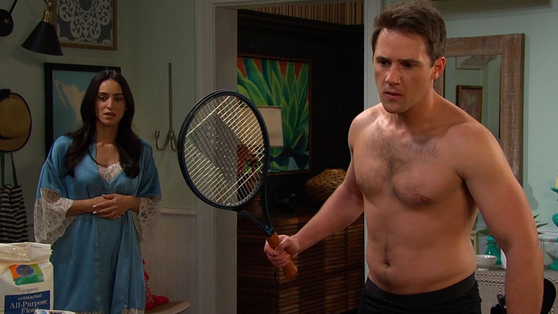 Days of Our Lives&#039; Gabi shocked as JJ wields a tennis racket. | Image Source: Peacock