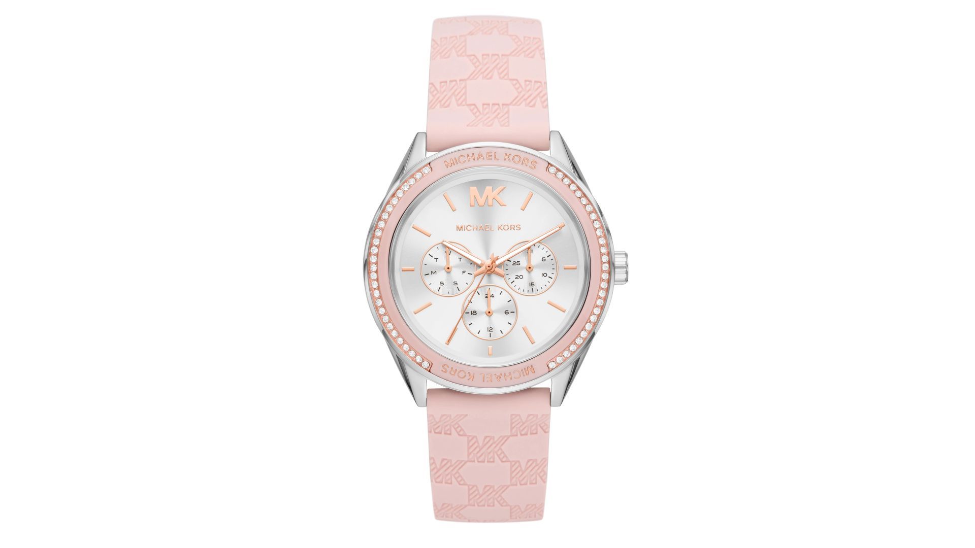 Michael Kors Jessa CZ Embellished Multifunction Silicone Strap Watch (Image via Nordstrom Rack)